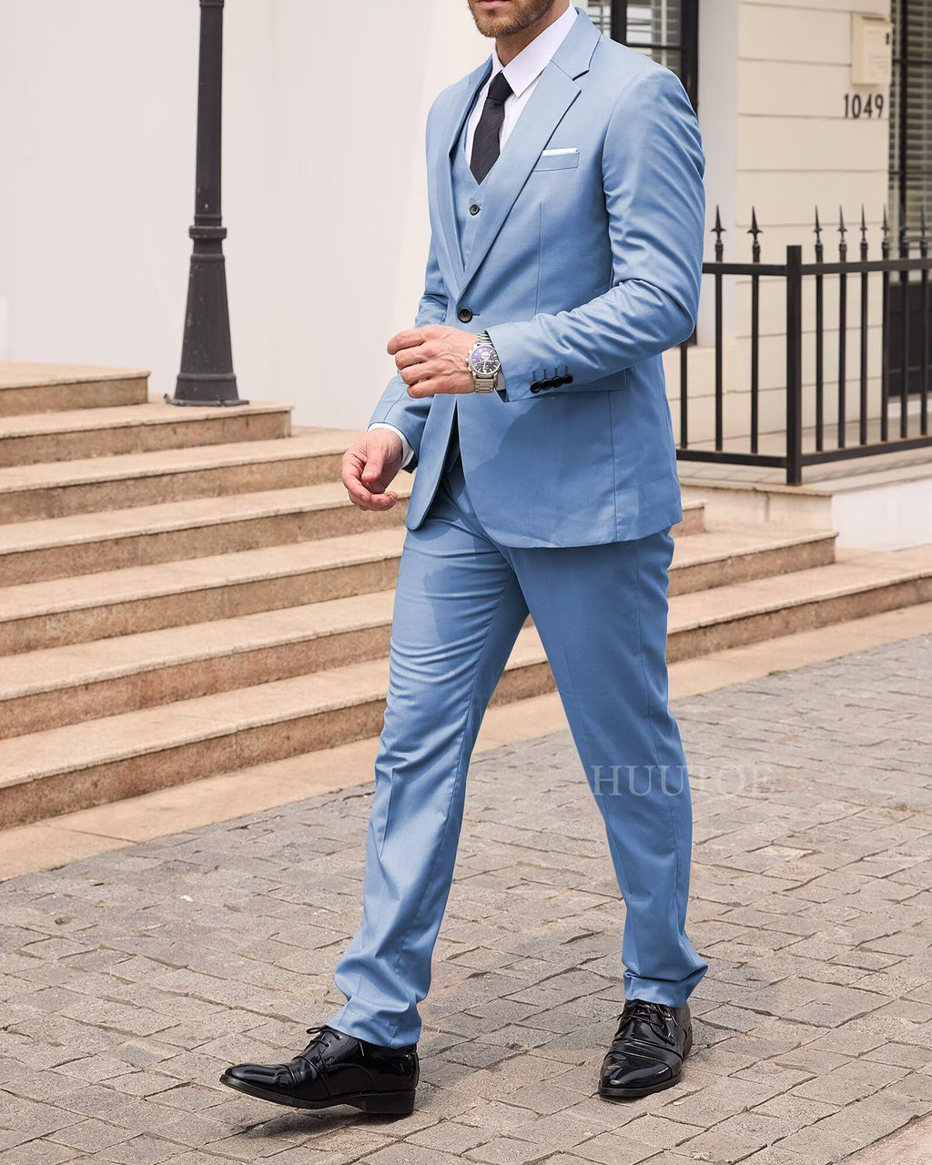 HUUTOE Dusty Blue Suits for Men Slim Fit Prom Wedding Business Party Tuxedo Blazer Vest and Pants Set Size Medium