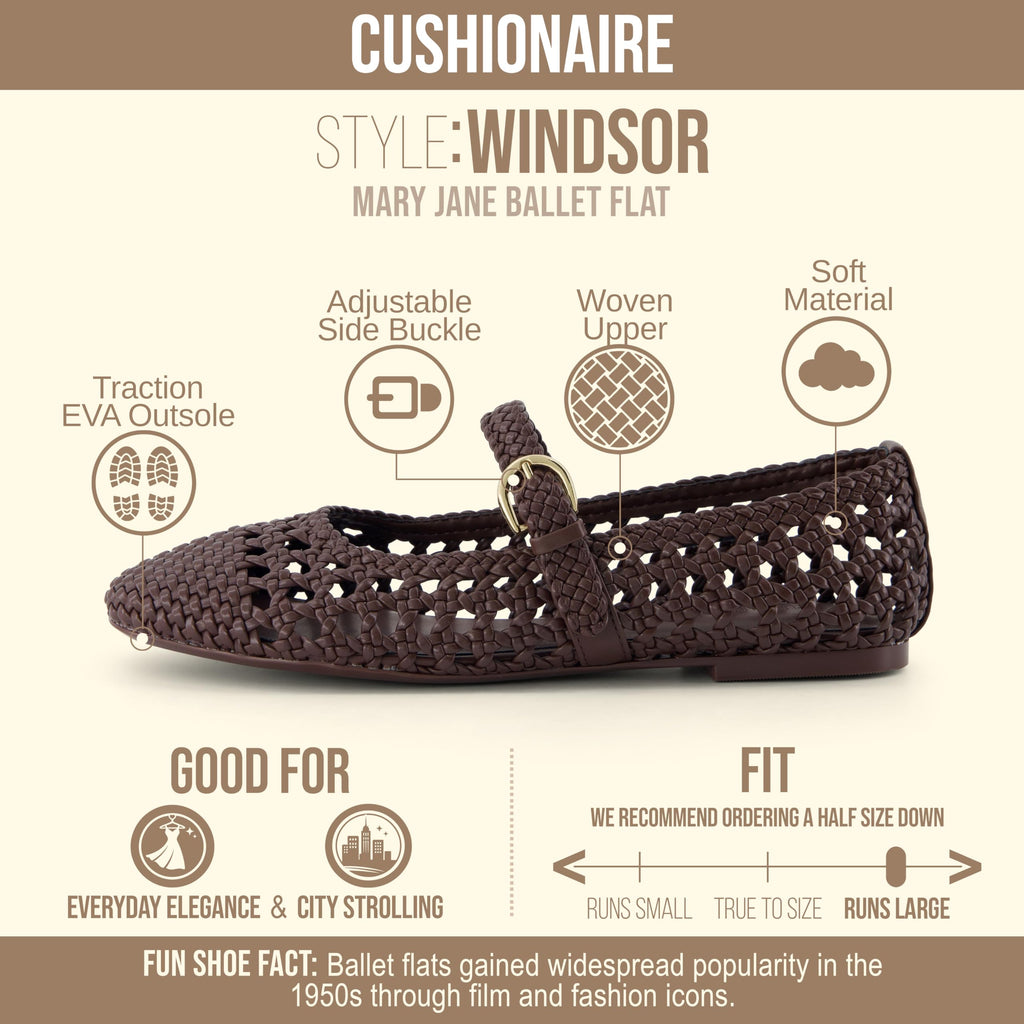 CUSHIONAIRE Windsor Woven Womens Flats with Adjustable Strap – Comfortable Mary Jane Ballet Flats for Women, Brown 10W