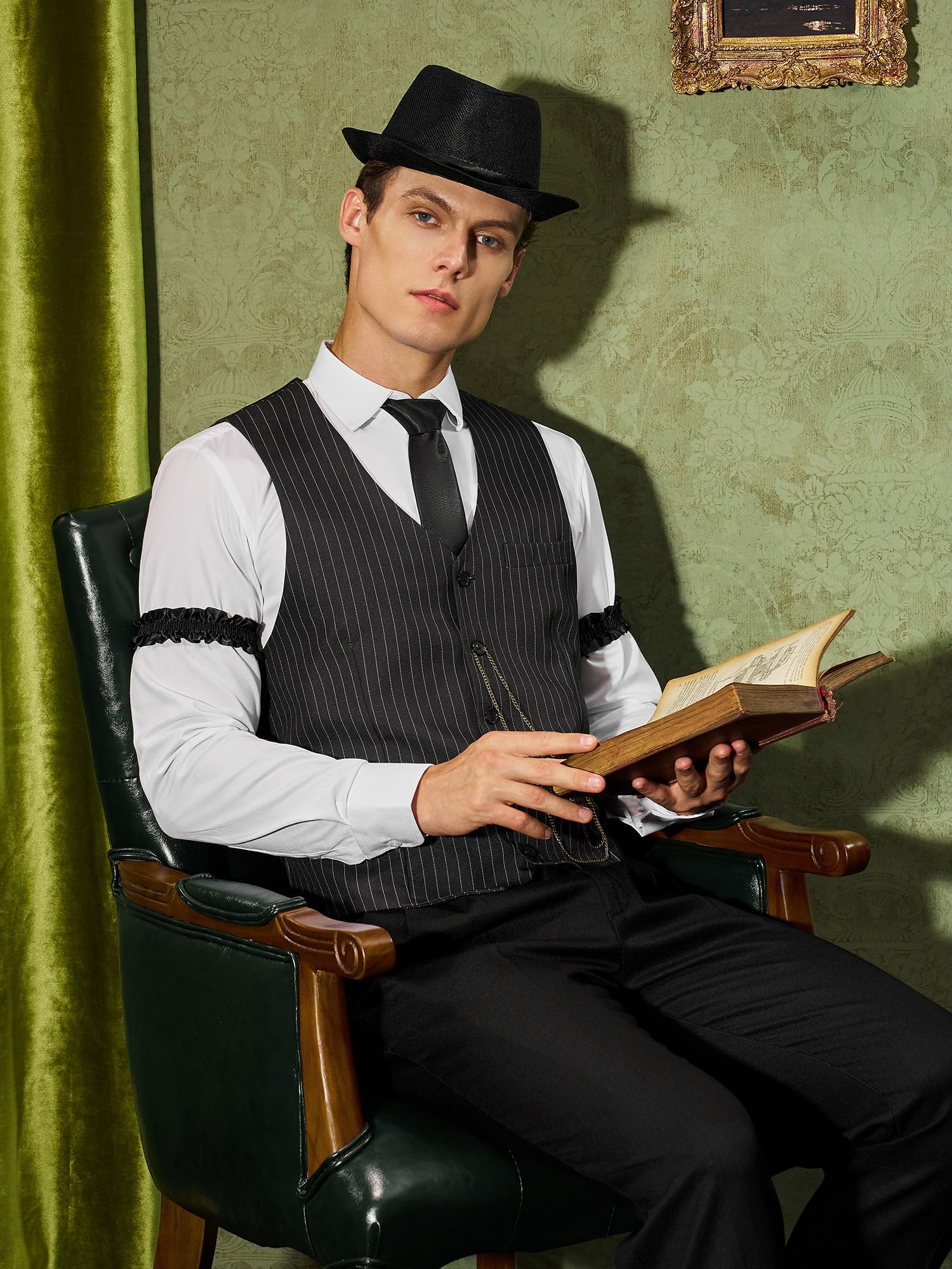 YESSA 1920s Mens Costume,1920 Mens Outfit,Roaring 20s Costumes for Men,1920s Hat Vest Pocket Watch Suspenders Tie