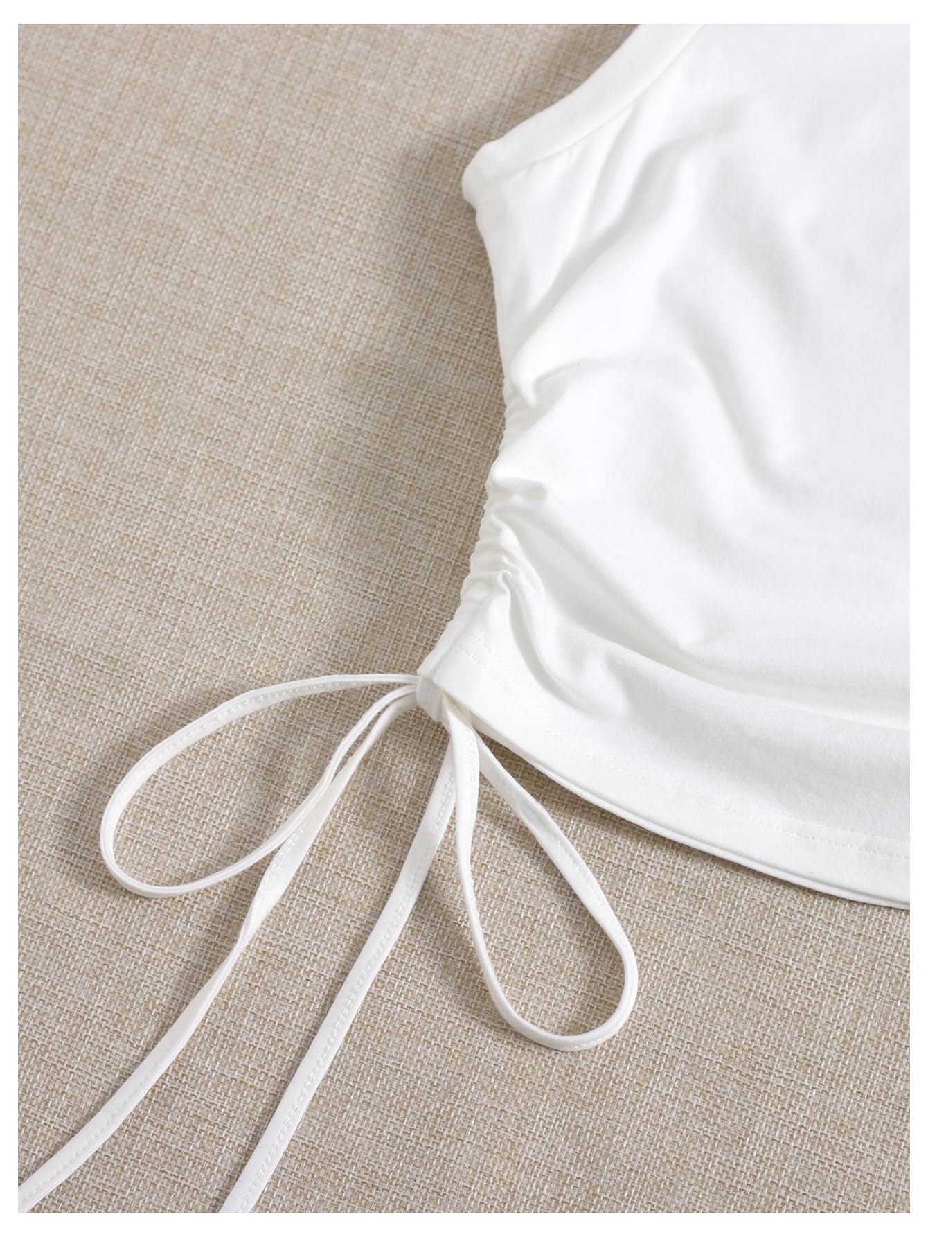 WDIRARA Women's Ruched Drawstring Side Tank Top Crew Neck Sleeveless Fitted Crop Tops White Large