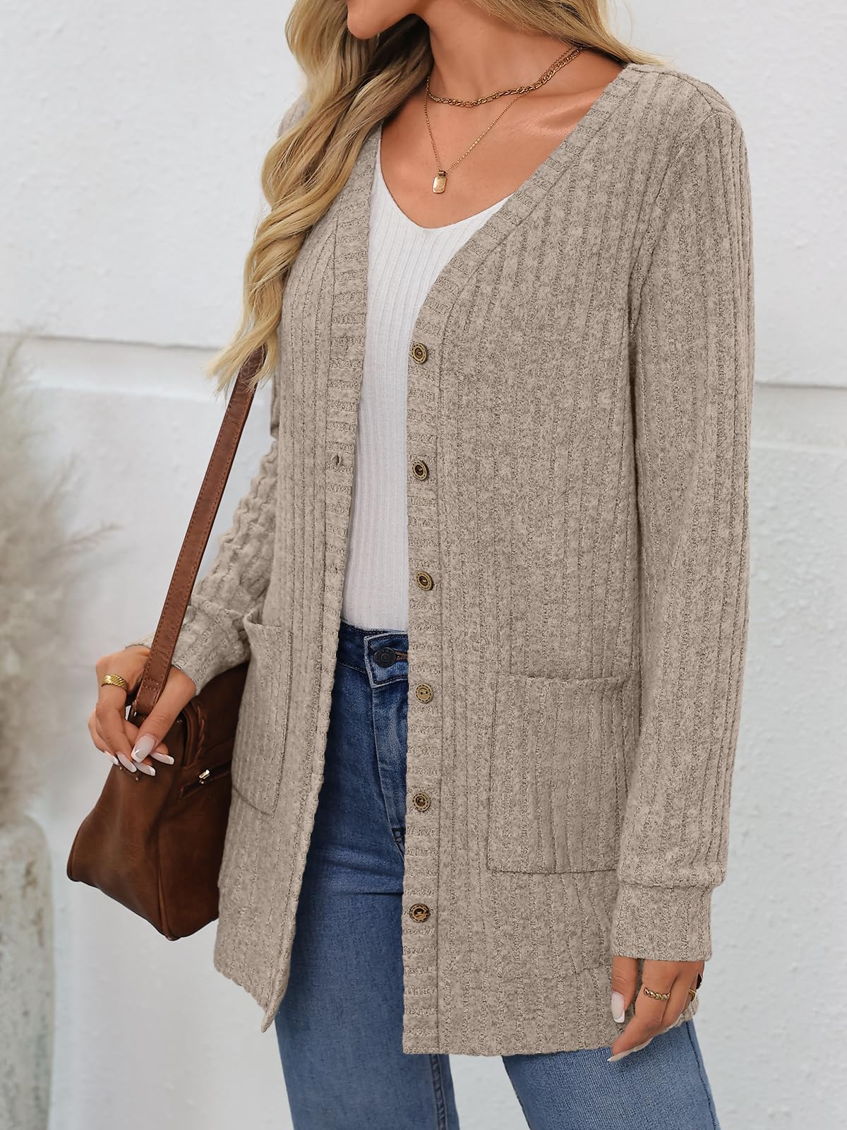 AUTOMET Women Long Cardigan Sweater Fall Lightweight Outfit Chunky 2026 Button Up Clothes with Pocket Coat Trendy Fashion Khaki L