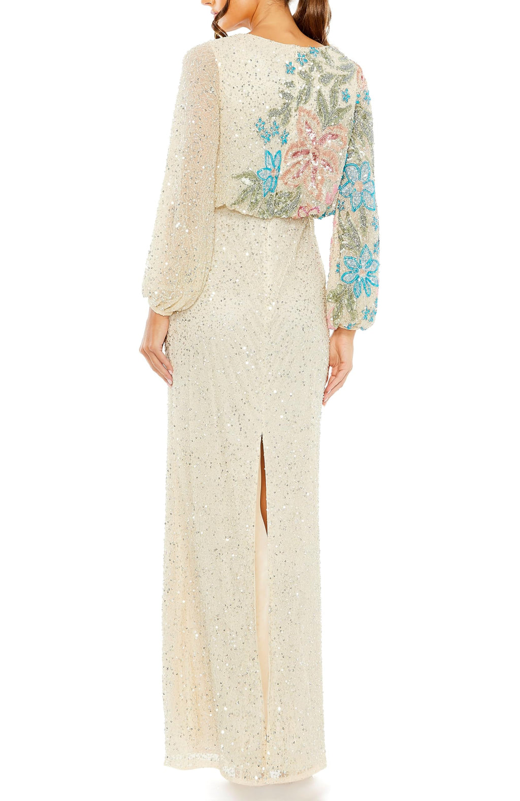 Mac Duggal Beaded Mesh Boat Neck Bishop Sleeve Column Gown