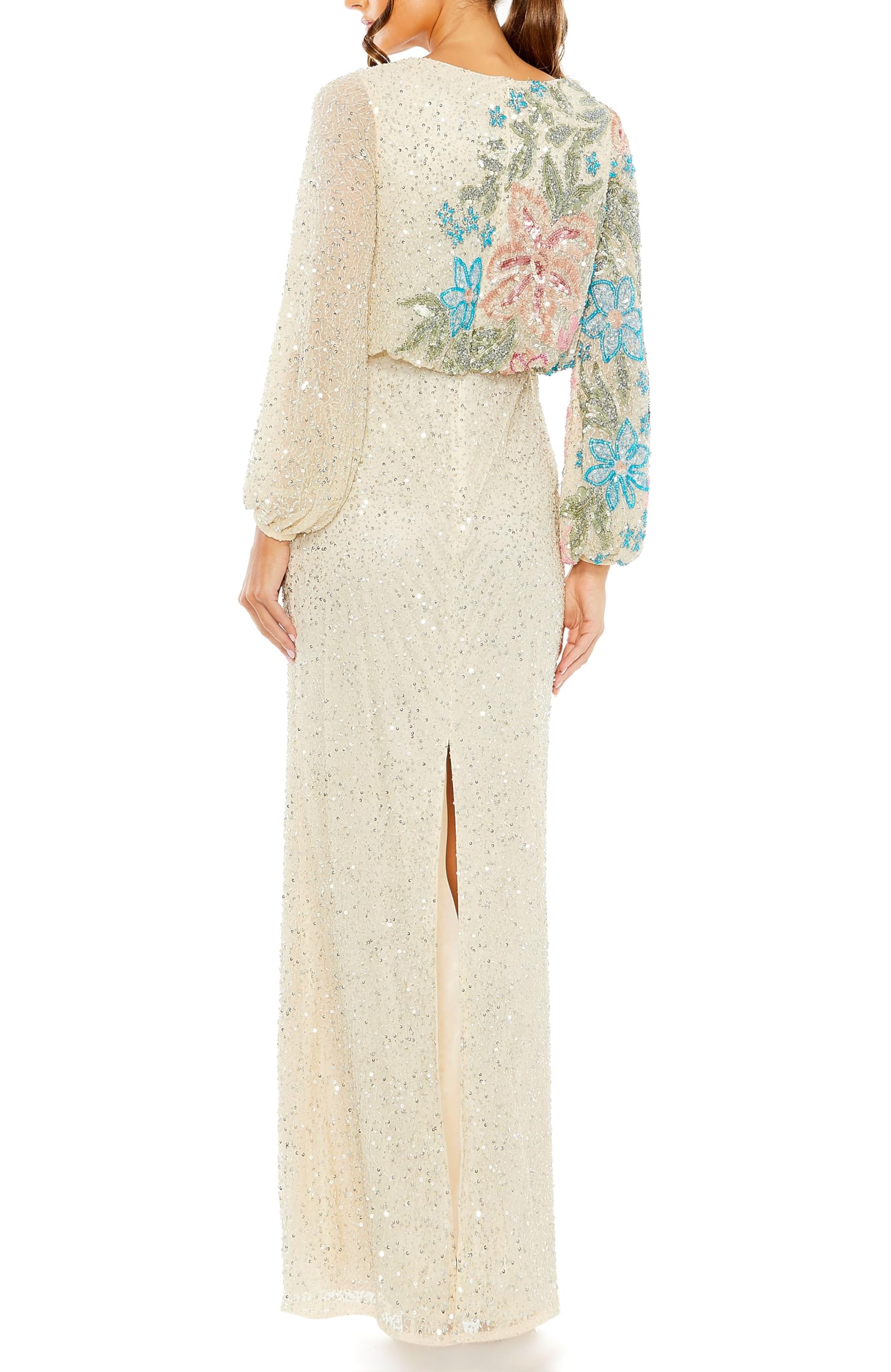 Mac Duggal Beaded Mesh Boat Neck Bishop Sleeve Column Gown