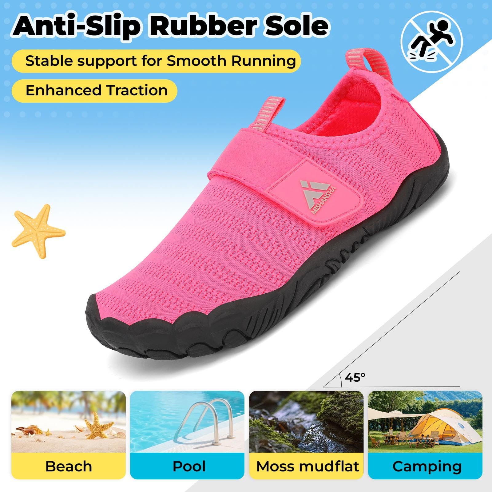 Mishansha Kids Water Shoes Quick-Dry Wide Toe Box Non-Slip Barefoot Shoes Beach Pool Swim Shoes Hot Pink 13 Little Kid