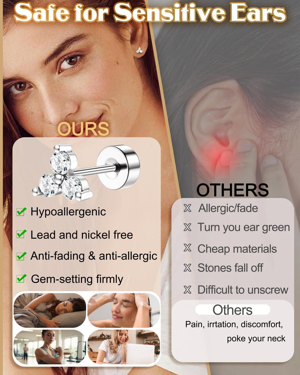 MILACOLATO Hypoallergenic Flatback Stud Earrings for Women, 14K Gold Plated & 20G Surgical Stainless Steel Cartilage Earring Stacks Sets for Multiple Piercing, Trendy Small Hoop Earrings, Silver