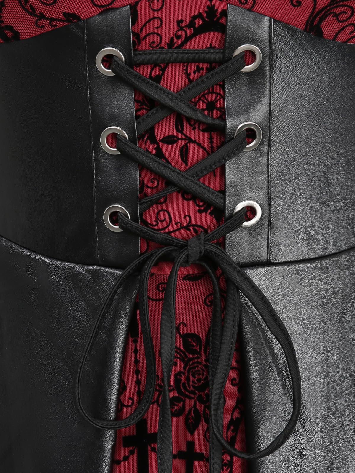 ROSE GAL Women Plus Size Gothic Lace-up PU Leather Patchwork Flocking Midi Dress Buckles Lace Trim Vintage Goth Midi Dress(Red_2/1X)