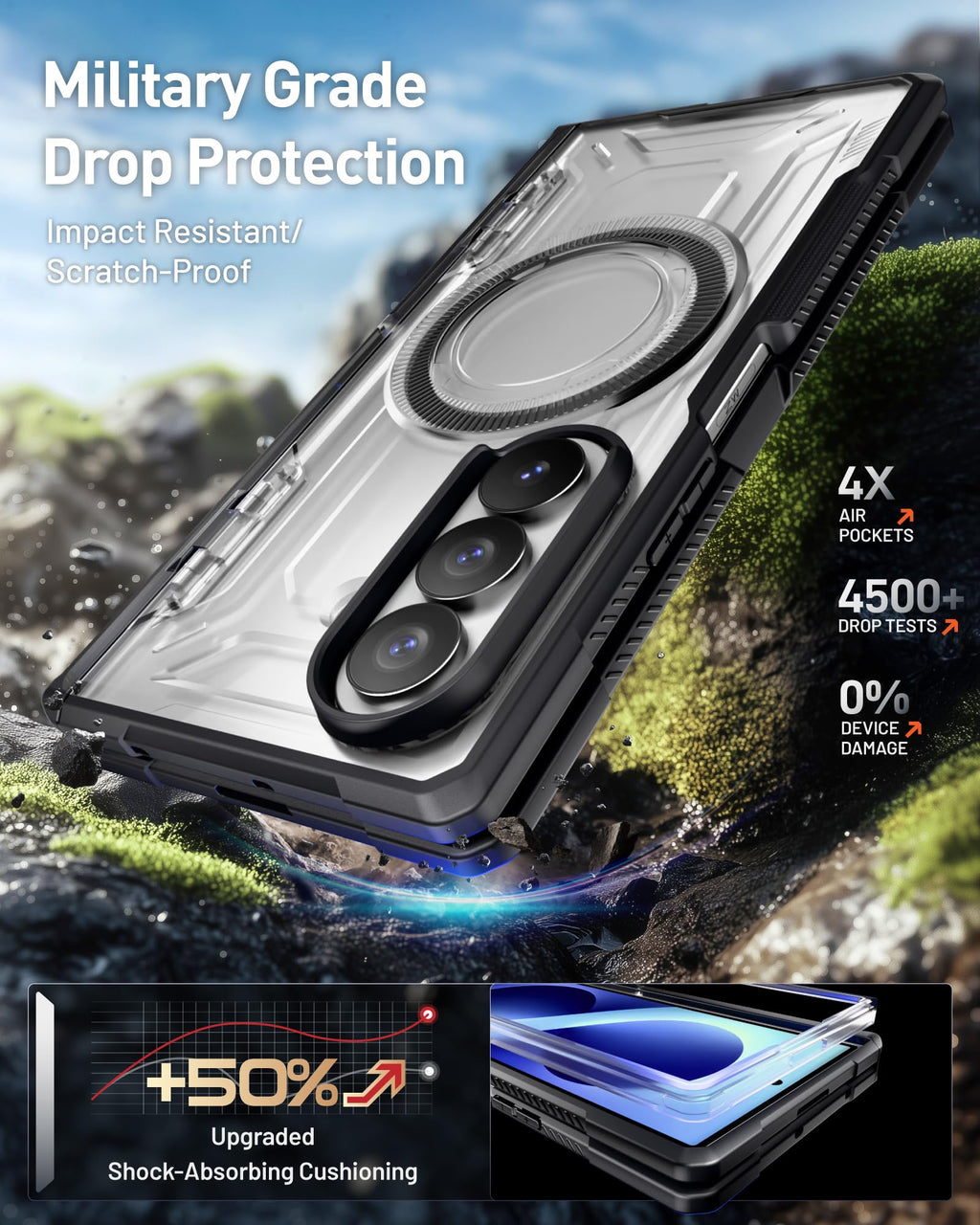 Poetic for Samsung Galaxy Z Fold 8 Ultra Case, [Hinge Protection] [MagSafe Compatible] [Tempered Glass Screen Protector] Full-Body Rugged Shockproof Protective Phone Cover with Kickstand, Black/Clear