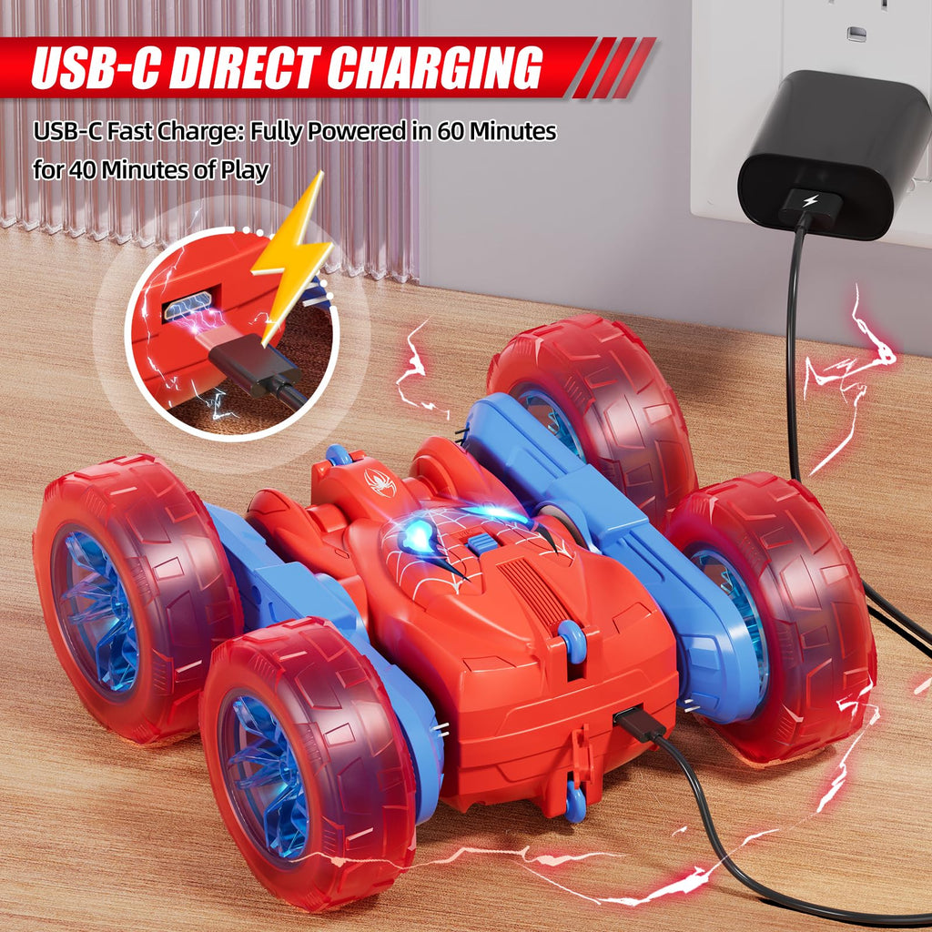 Spider Remote Control Car, 360° Stunt RC Cars for Kids Ages 6-12 Double-Sided Rotation, 4WD Cool Wheel Lights&2.4GHz Control; Rechargeable Electric Race Car Toys Gift for Boys Girls (Red&Blue)