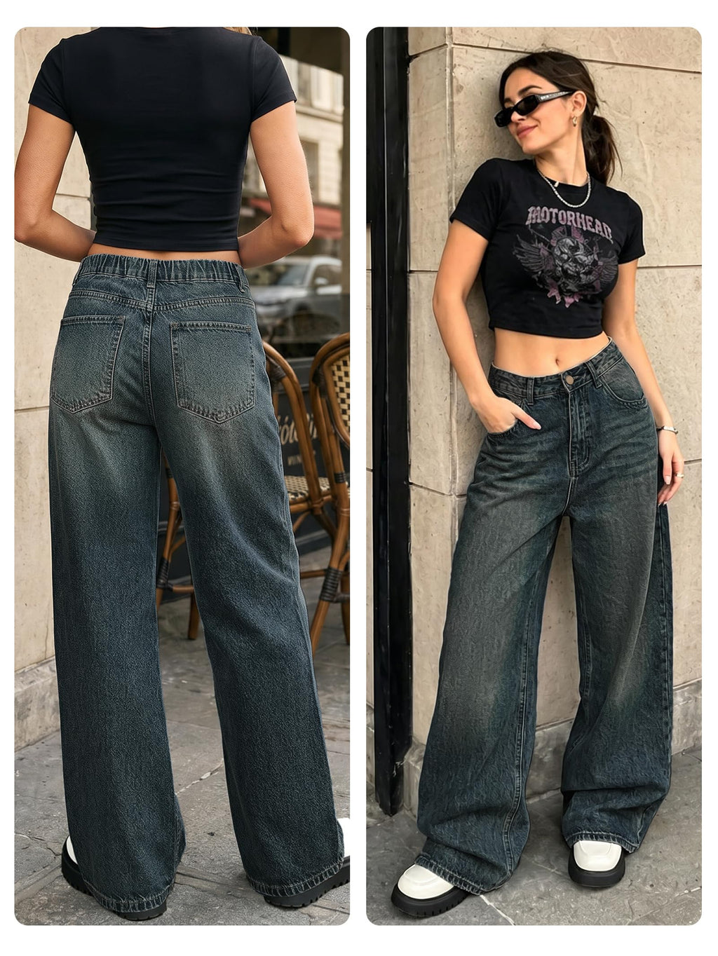 EMMIOL Jeans for Women Wide Leg Baggy Jeans Y2K Casual Loose Boyfriends Trousers Vintage Streetwear Black,S