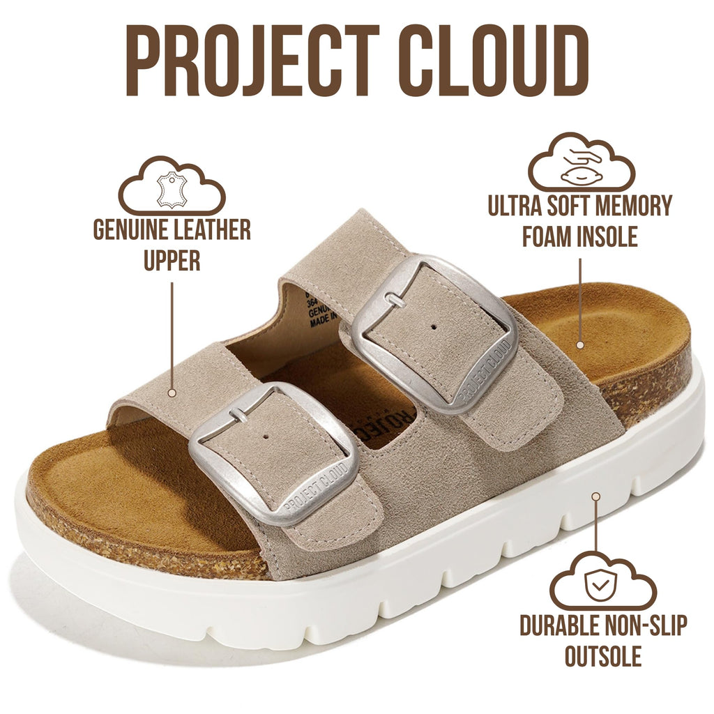 Project Cloud 100% Genuine Leather Platform Sandals Women Footwear - Wedge Chunky Slides for Women 2026 with Memory Foam Insole & Cork Footbed Womens Sandals (GreeceChunky)