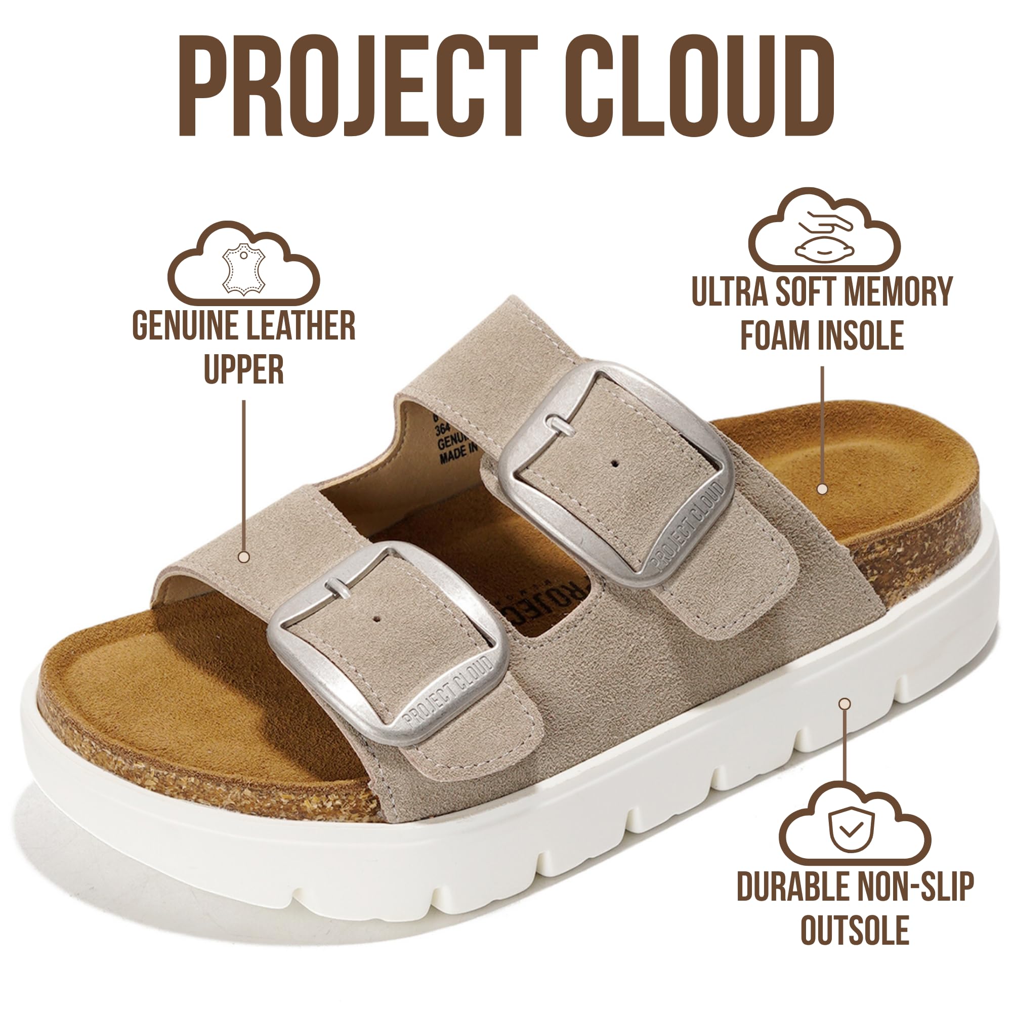 Project Cloud 100% Genuine Leather Platform Sandals Women Footwear - Wedge Chunky Slides for Women 2026 with Memory Foam Insole & Cork Footbed Womens Sandals (GreeceChunky)