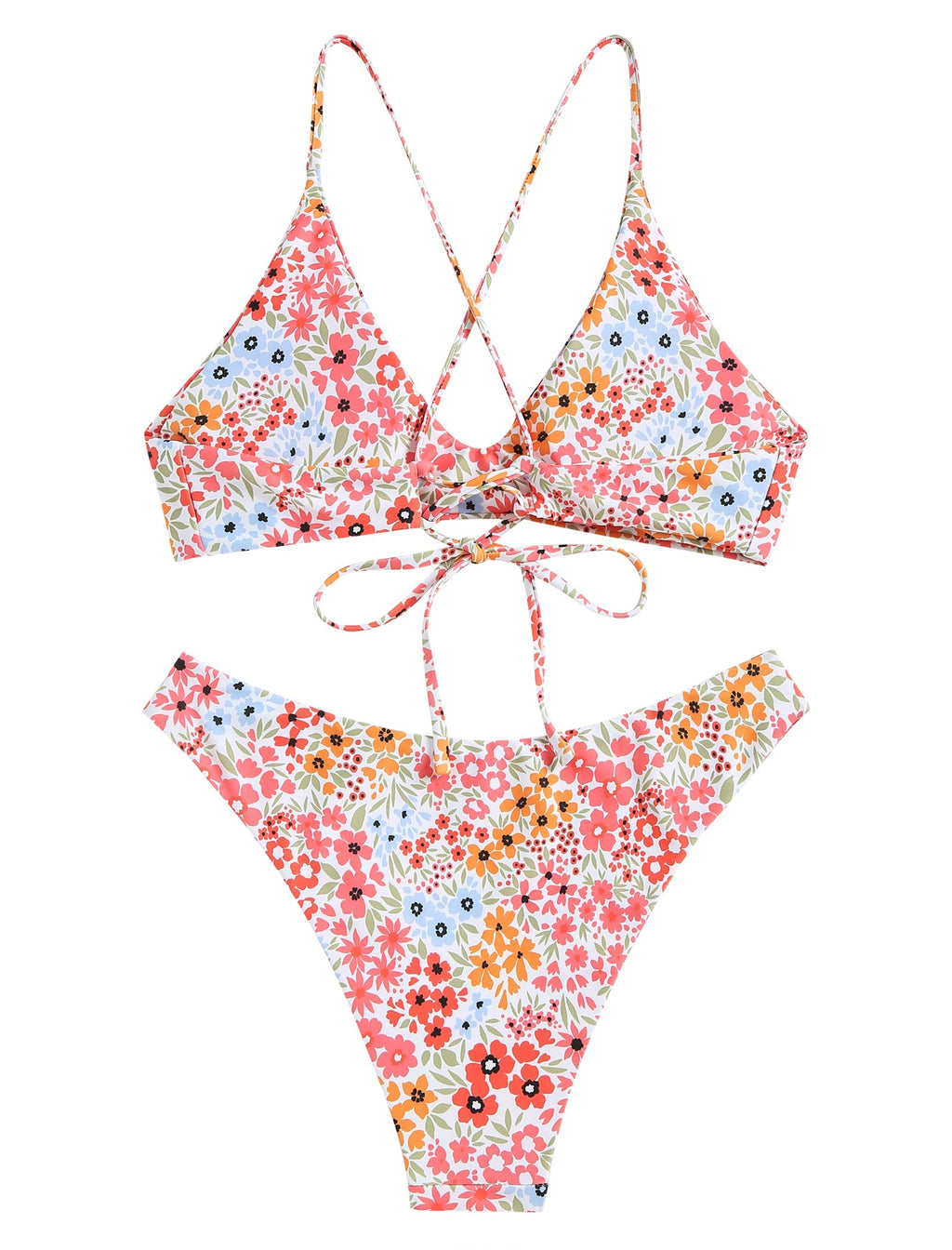 ZAFUL Women's Tie Back Padded High Cut Bralette Bikini Set Two Piece Swimsuit (1-Floral Orange Pink, S)