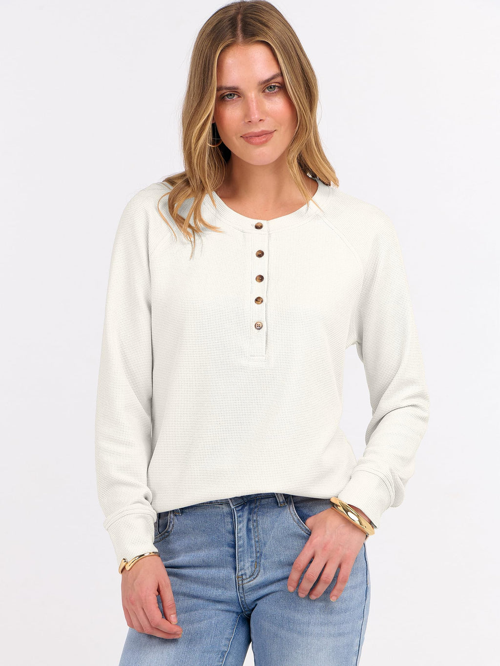 ANRABESS Women's Long Sleeve Waffle Knit Shirts Dressy Casual Loose Button Up V Neck Henley Tops 2026 Fall Basic Tee Blouse Beige Large