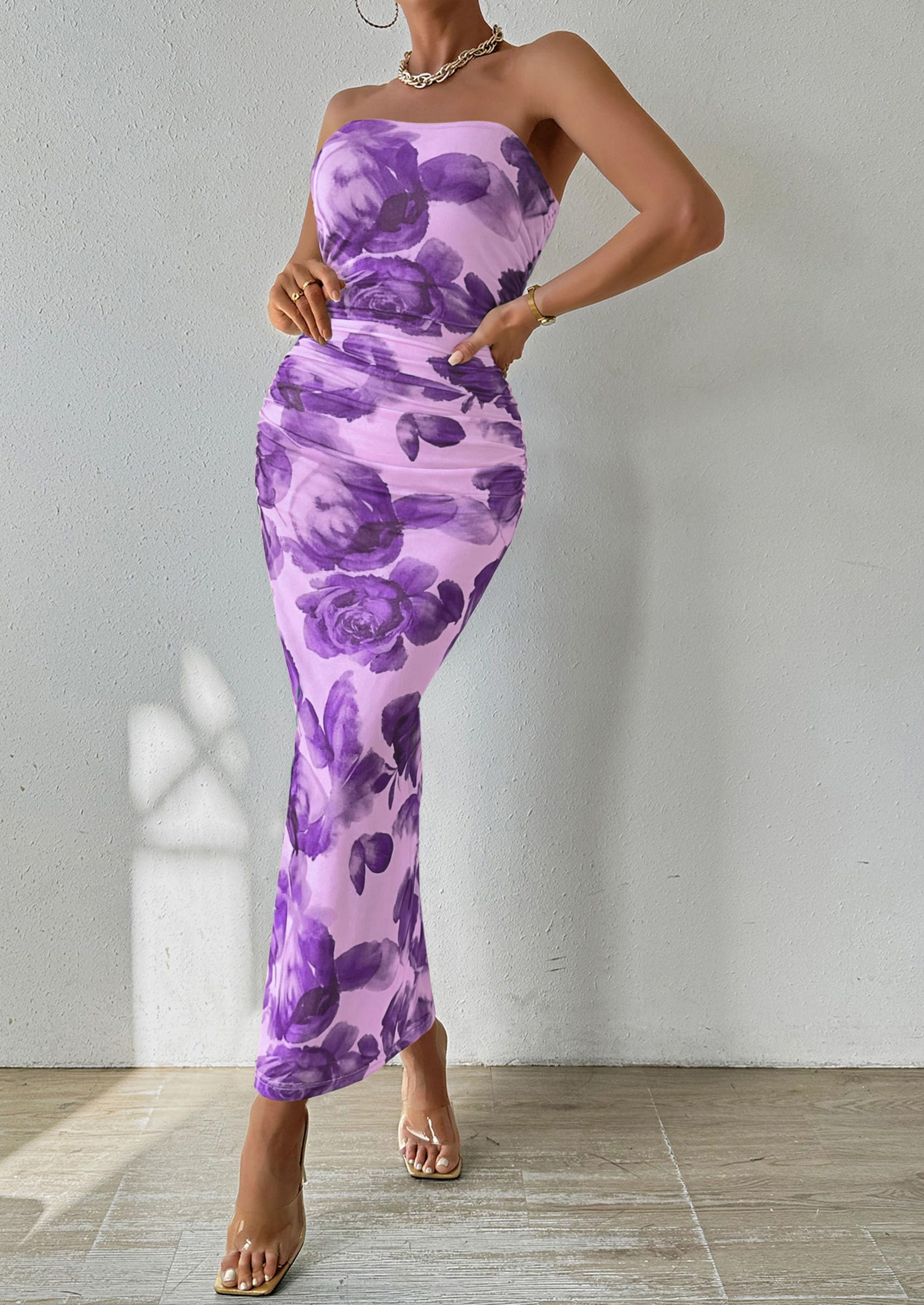 PRETTYGARDEN Women's Summer Wedding Guest Dress Strapless Tube Top Maxi Bodycon Long Floral Mesh Beach Vacation Party Dresses (Purple Flower,Medium)