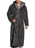 SlumberMee Mens Fleece Plush Robe with Hood Ultra Soft Fluffy Full Length Long with Pockets Luxurious House Coat (Dark Grey, L)