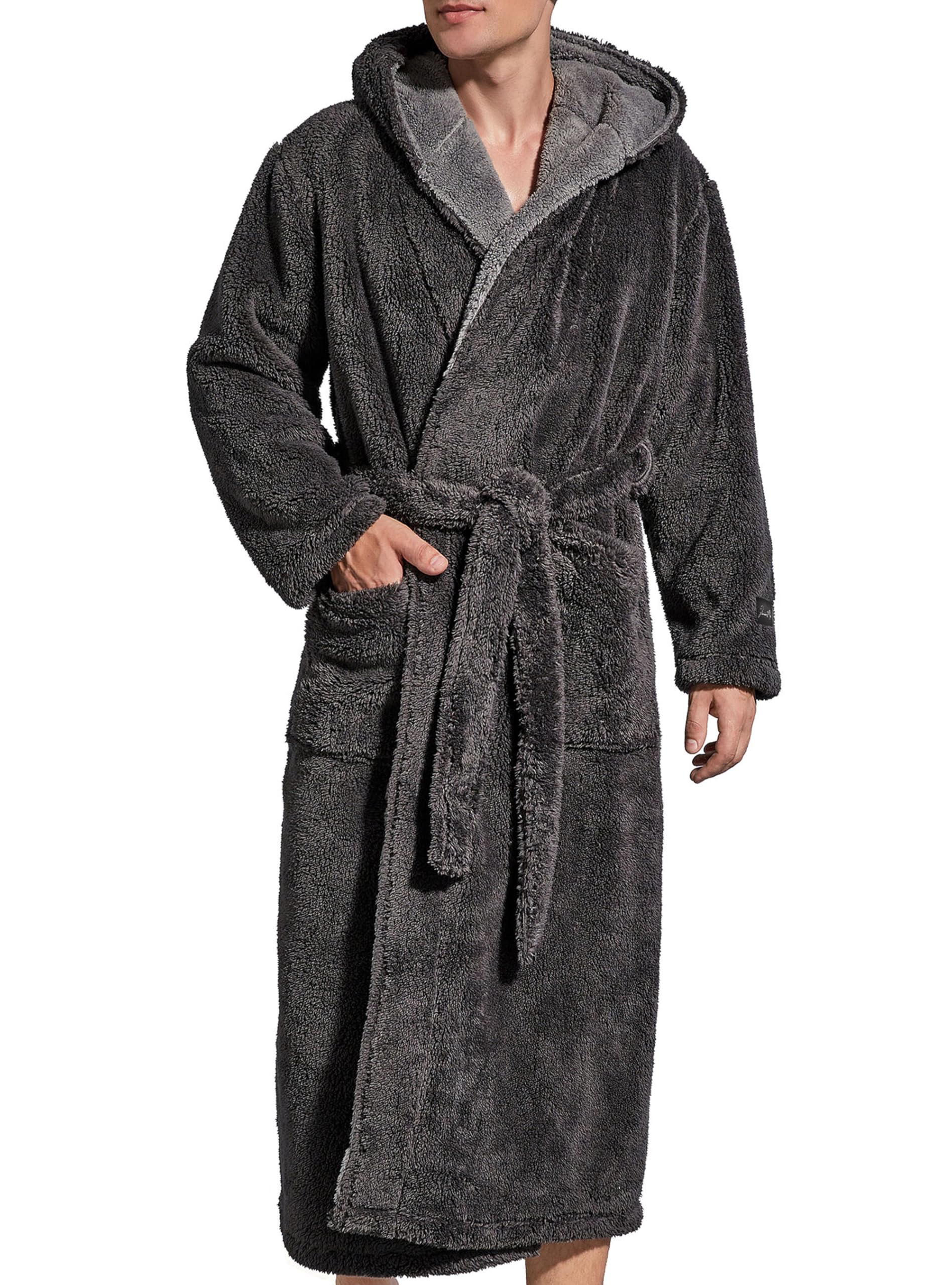 SlumberMee Mens Fleece Plush Robe with Hood Ultra Soft Fluffy Full Length Long with Pockets Luxurious House Coat (Dark Grey, L)