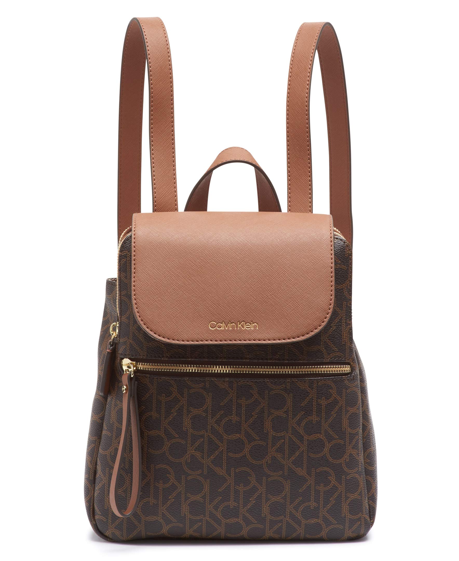 Calvin Klein Women's Elaine Signature Key Item Flap Backpack, Brown/Khaki/Luggage Saffiano, One Size