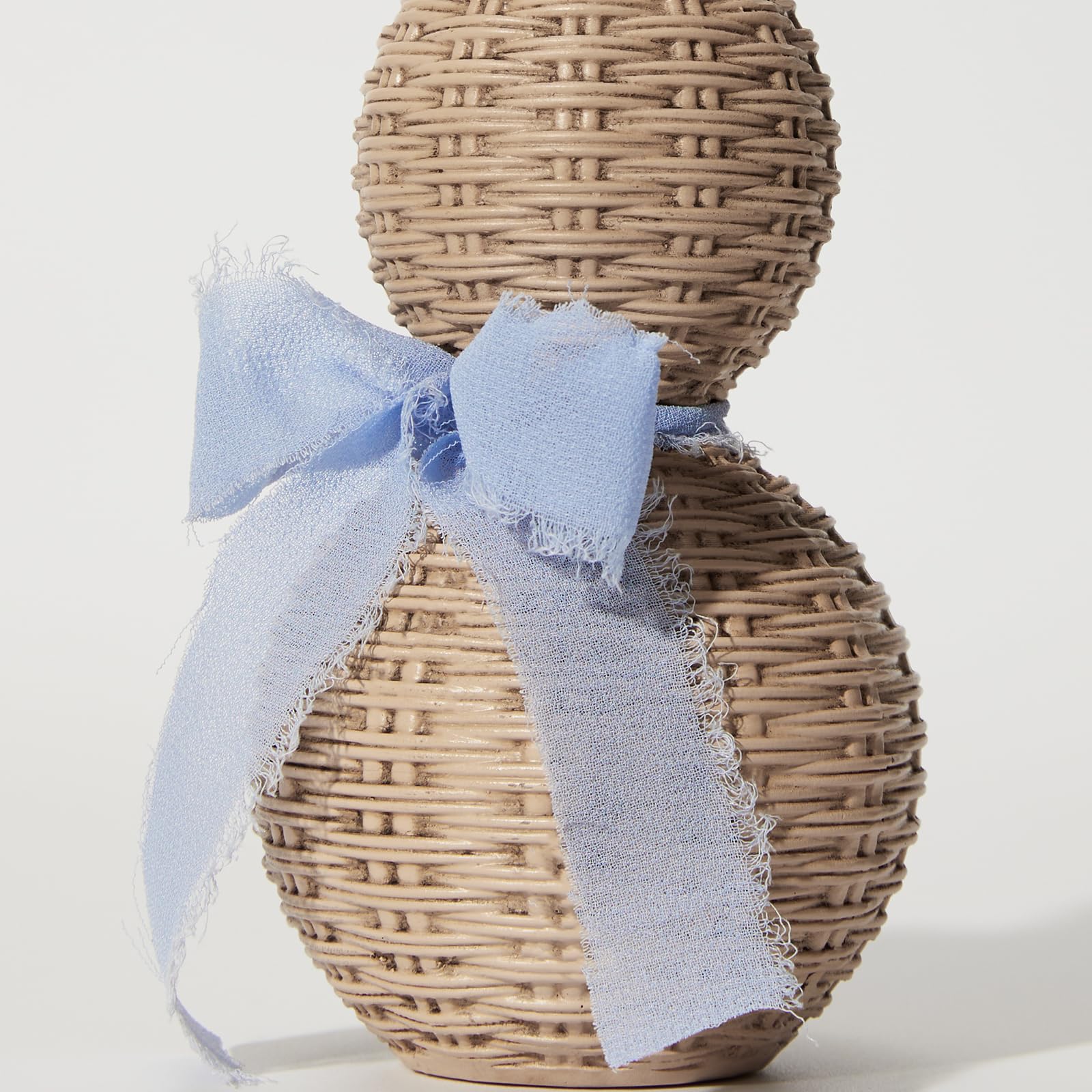 WDS WONDROUS Rattan Effect Resin Bunnies with Light Blue Bow 2-Pcs Large & Small, Easter Decorations Bunny Figurines Set, Farmhouse Spring Table Centerpiece Decor for Home Wedding Gift