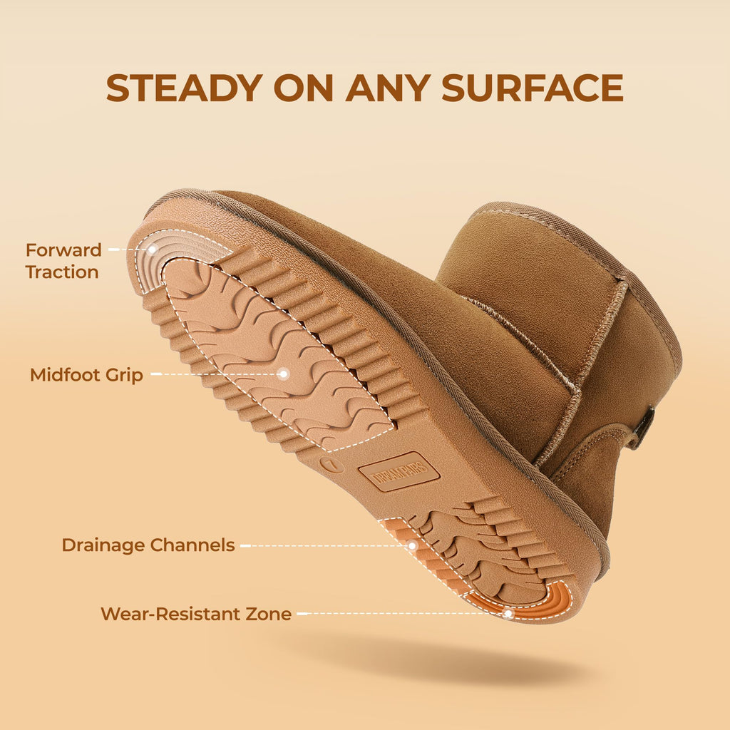 DREAM PAIRS Snow Boots for Women Genuine Suede Faux Fur Lining Anti-Slip Warm Winter Booties Slip On Memory Foam Ankle Boots FuzzyClassicⅡ Low Boots,Size 9,Chestnut,SDSB2432W