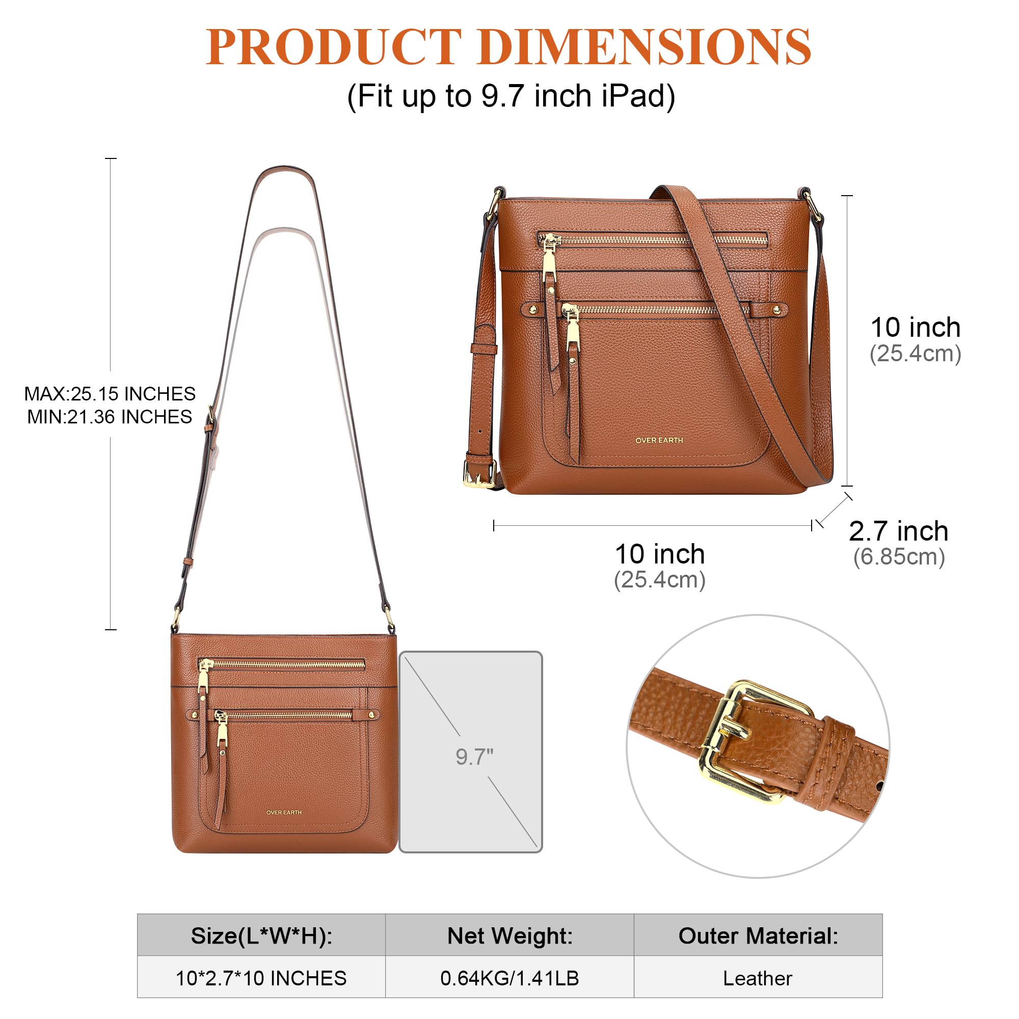 Over Earth Leather Crossbody Bags for Women Medium Shoulder Purse Multi Pocket Shoulder Handbag with Adjustable Strap(O199E Brown)