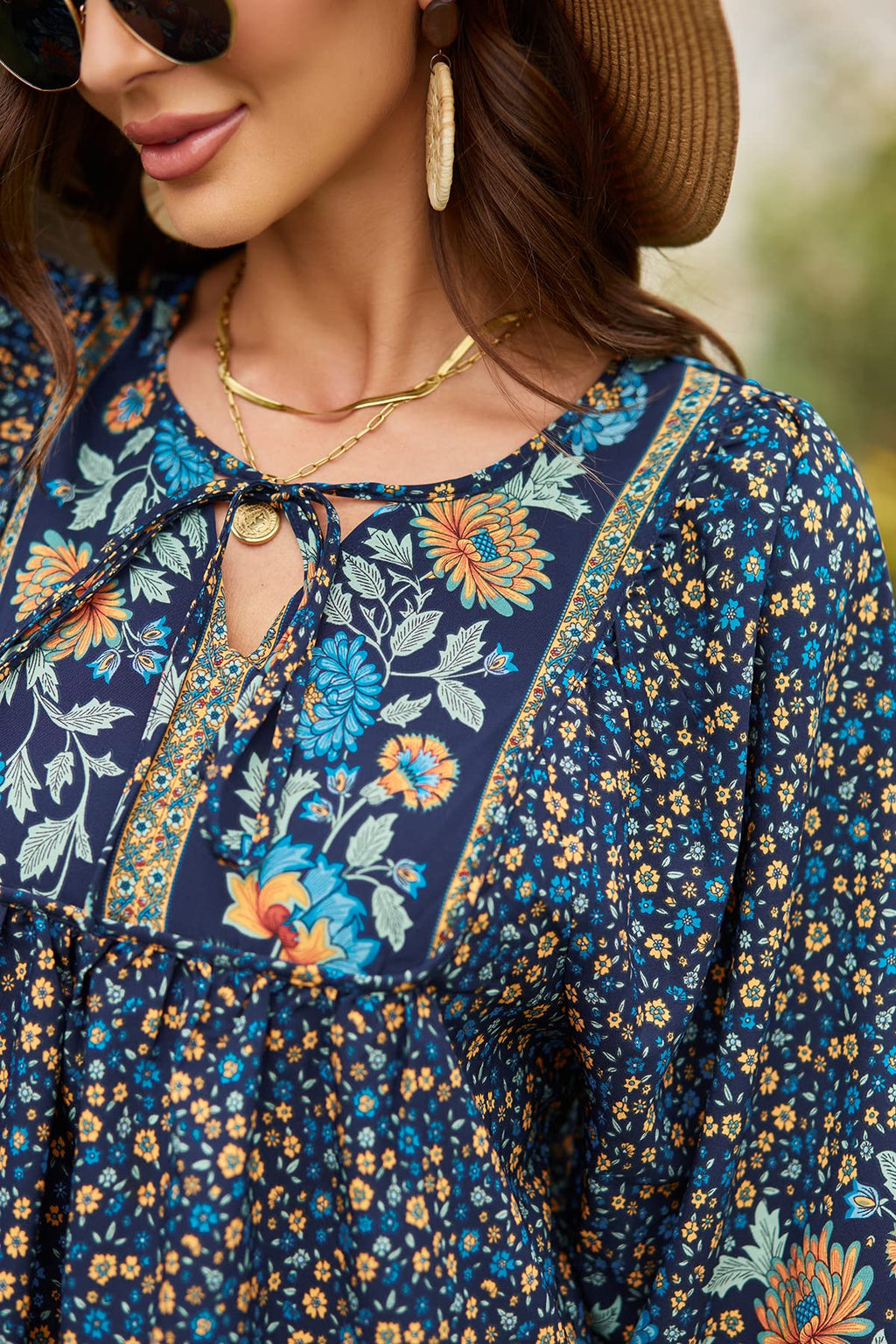 Qearal Womens Summer Beach Dresses V Neck 3/4 Long Sleeve Floral Print Casual Dresses Navy, XL
