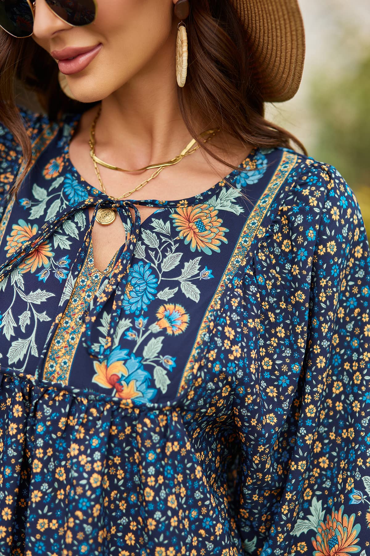 Qearal Womens Summer Beach Dresses V Neck 3/4 Long Sleeve Floral Print Casual Dresses Navy, XL