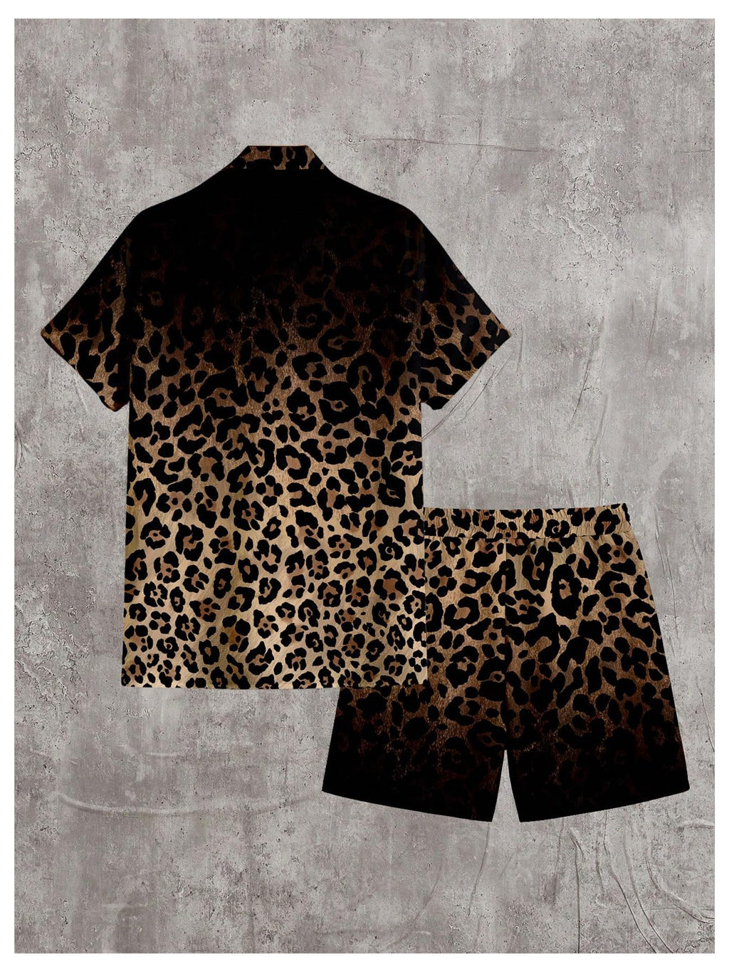 WDIRARA Men's 2 Piece Leopard Print Outfit Button Up Collared Short Sleeve Shirt and Drawstring Waist Shorts Black and Brown Large