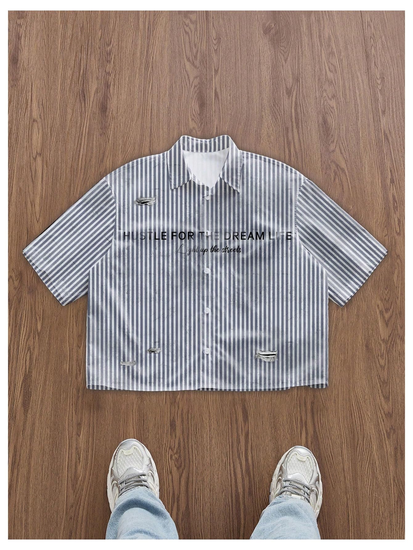 GORGLITTER Men's Letter Graphic Striped Cropped Button Down Shirts Ripped Short Sleeve Y2k Tops Casual Streetwear White and Grey Small