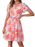 Simplee Women 2026 Floral Summer Short Dress Short Sleeves V Neck Chiffon A-Line Casual Flowy Boho Mini Dresses Pink Purple Floral L