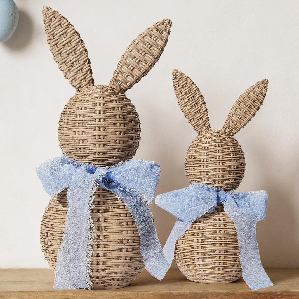 WDS WONDROUS Rattan Effect Resin Bunnies with Light Blue Bow 2-Pcs Large & Small, Easter Decorations Bunny Figurines Set, Farmhouse Spring Table Centerpiece Decor for Home Wedding Gift