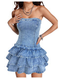 WDIRARA Women's Strapless Layered Ruffle Denim Dress Bandeau Slim Fit Mini Dresses Light Wash X-Small
