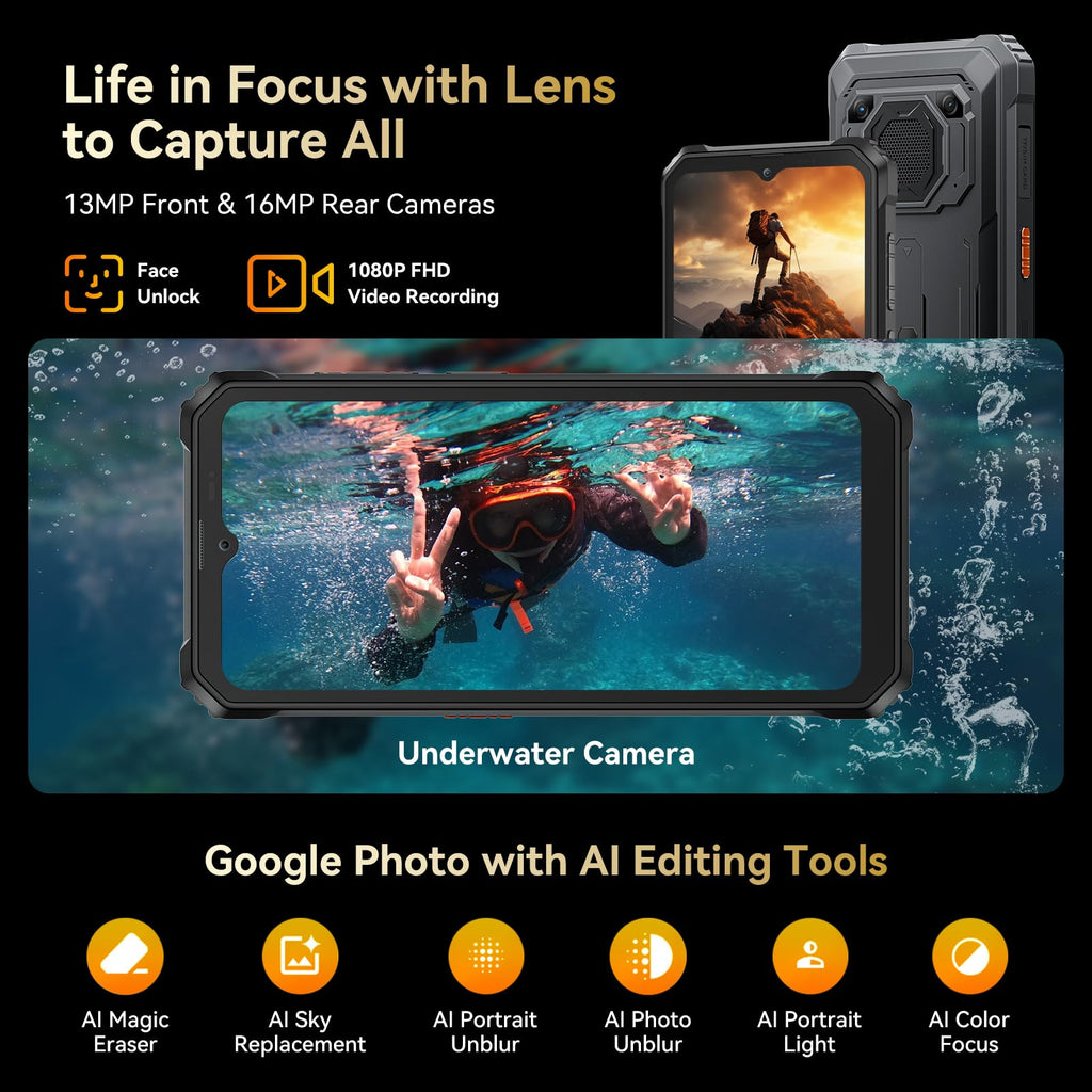 Blackview BV6200Plus Rugged Phone Android 15, 98dB Super Speaker 11000mAh, 24GB+256GB/2TB Rugged Smartphone Unlocked, 6.56" HD+ 90Hz Waterproof Phone 2025 NFC/Fingerprint/GPS/T-moblie/IP69K/3 Slots