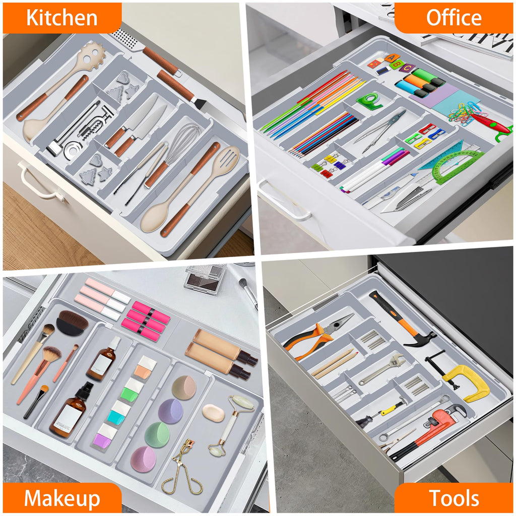 Spaclear Large Utensil Drawer Organizer Expandable Silverware Organizer for Kitchen Drawer Adjustable Cooking Utensil Holder Cutlery Flatware Tray Spatula Tools Gadgets Storage Dividers Plastic Grey