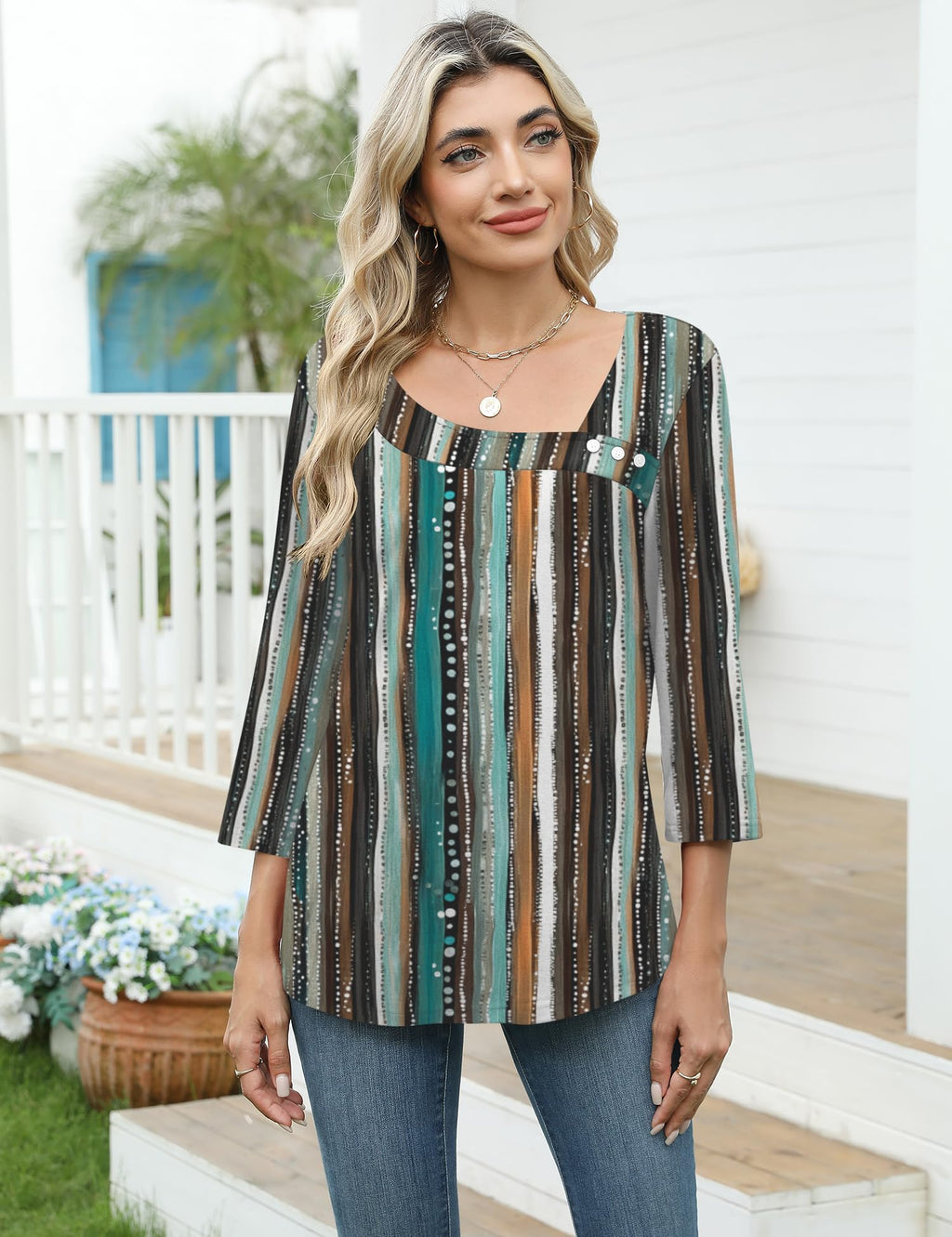 LOMON Spring Tops for Women 2026 Trendy 3/4 Length Womens T Shirts Square Neck Cotton Summer Clothes M