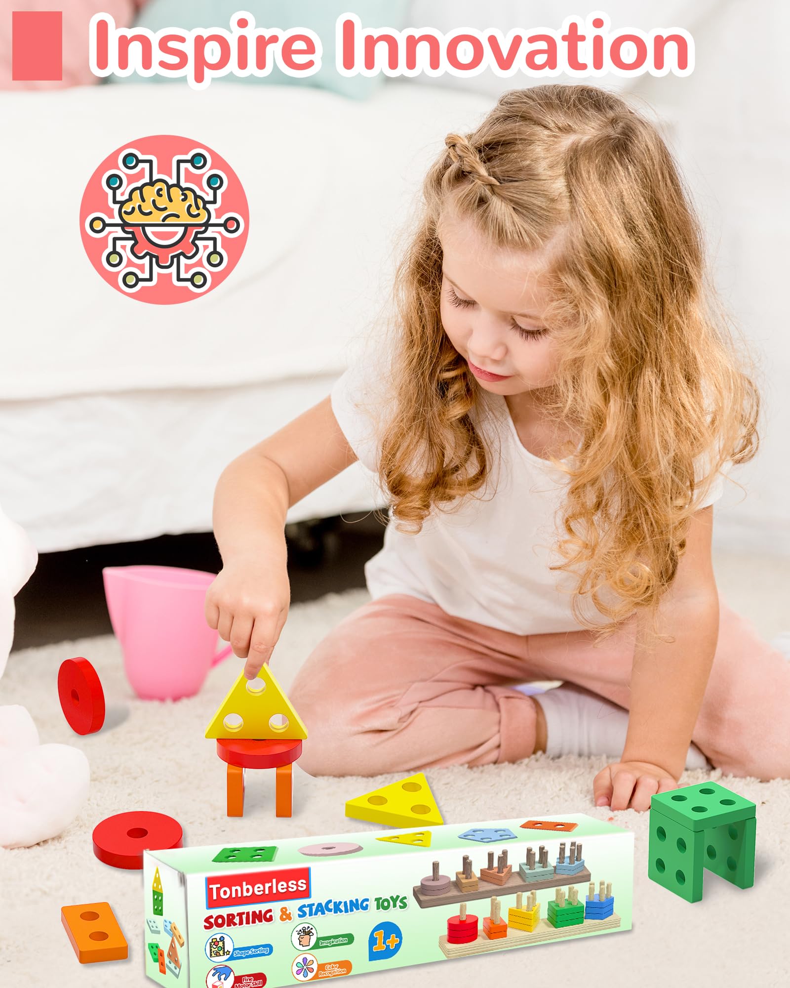 Tonberless Montessori Toys for 1 2 3 Year Old Boy Girl, Toys for Ages 2-4 Toddlers Kids Baby, 1 2 Year Old Birthday Gifts, Wooden Learning Puzzles Easter Basket Stuffers Toys for Toddlers 1-3