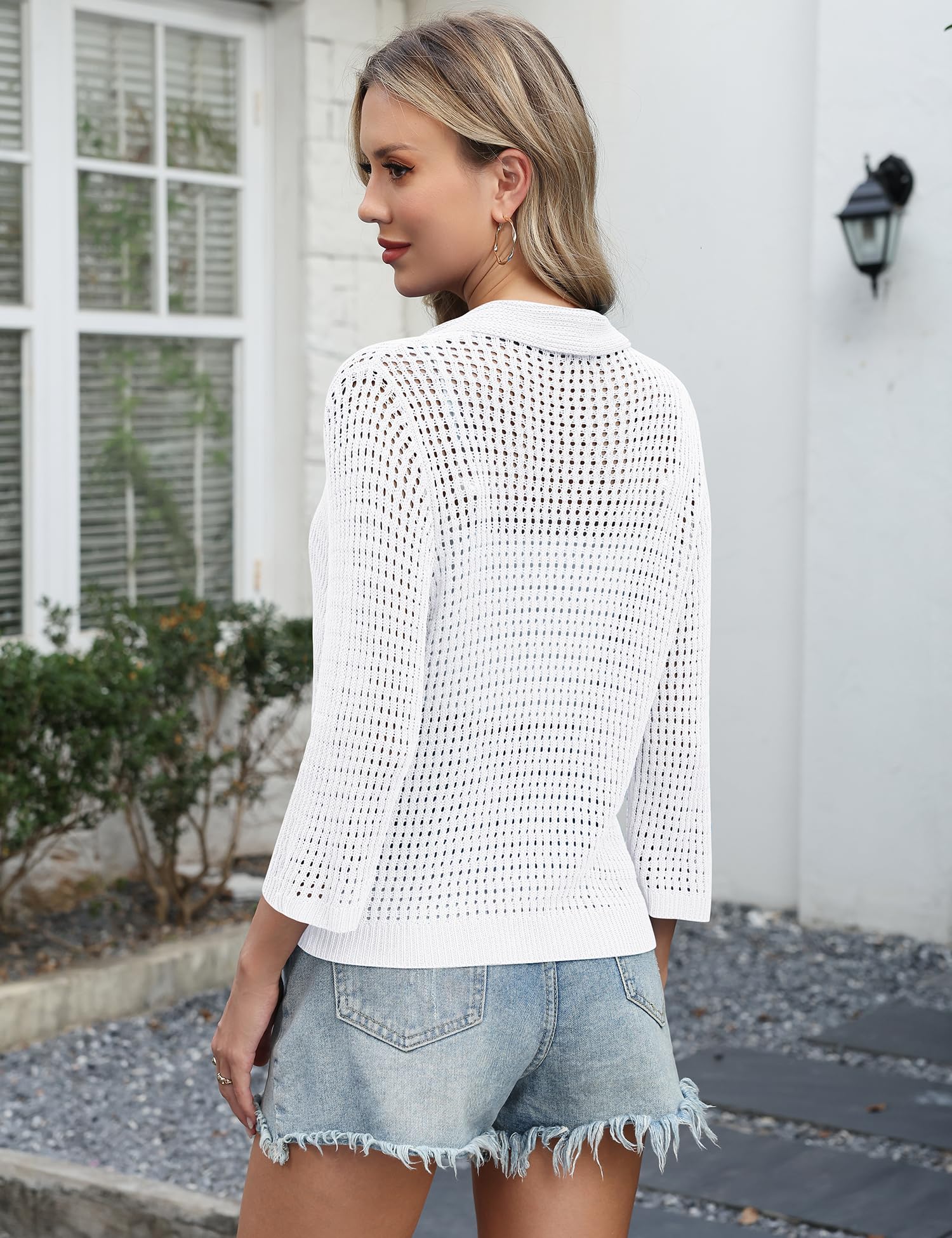 LOMON Spring Casual Cardigans for Women 3/4 Sleeve Openwork Knit Sweaters Shrug Shirts White