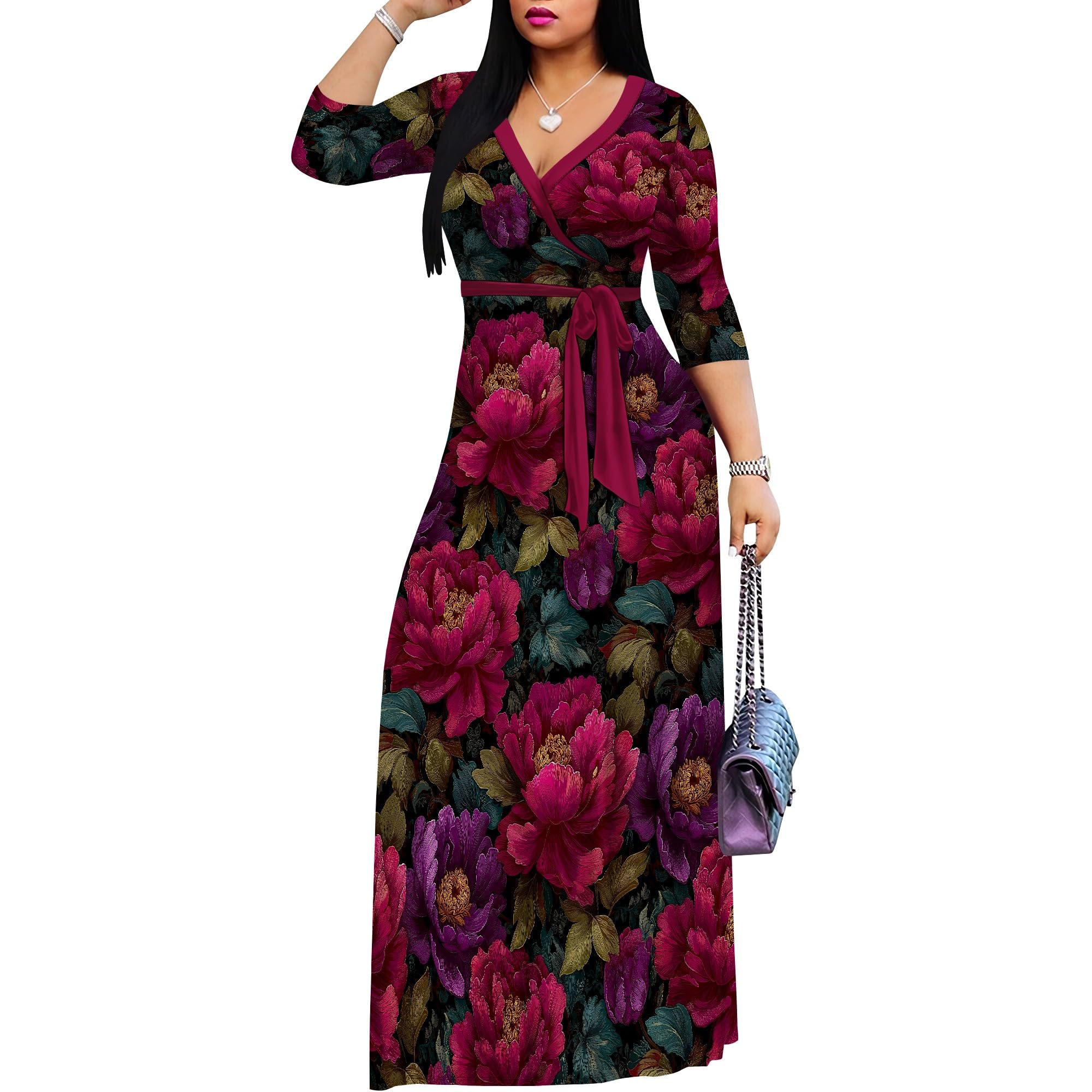 PinkPatty Plus Size Maxi Dress for Women 3/4 Sleeve V Neck Printing Dress Wedding Guest Sundress with Belt (A-Red/Purple Peony 2XL)