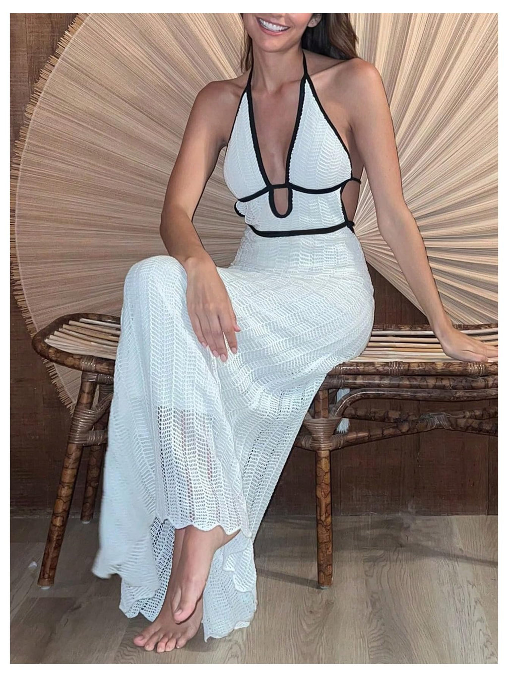 GORGLITTER Women's Deep V Halter Knit Boho Maxi Dress Backless Crochet Birthday Fall Wedding Guest Long Dresses White Small