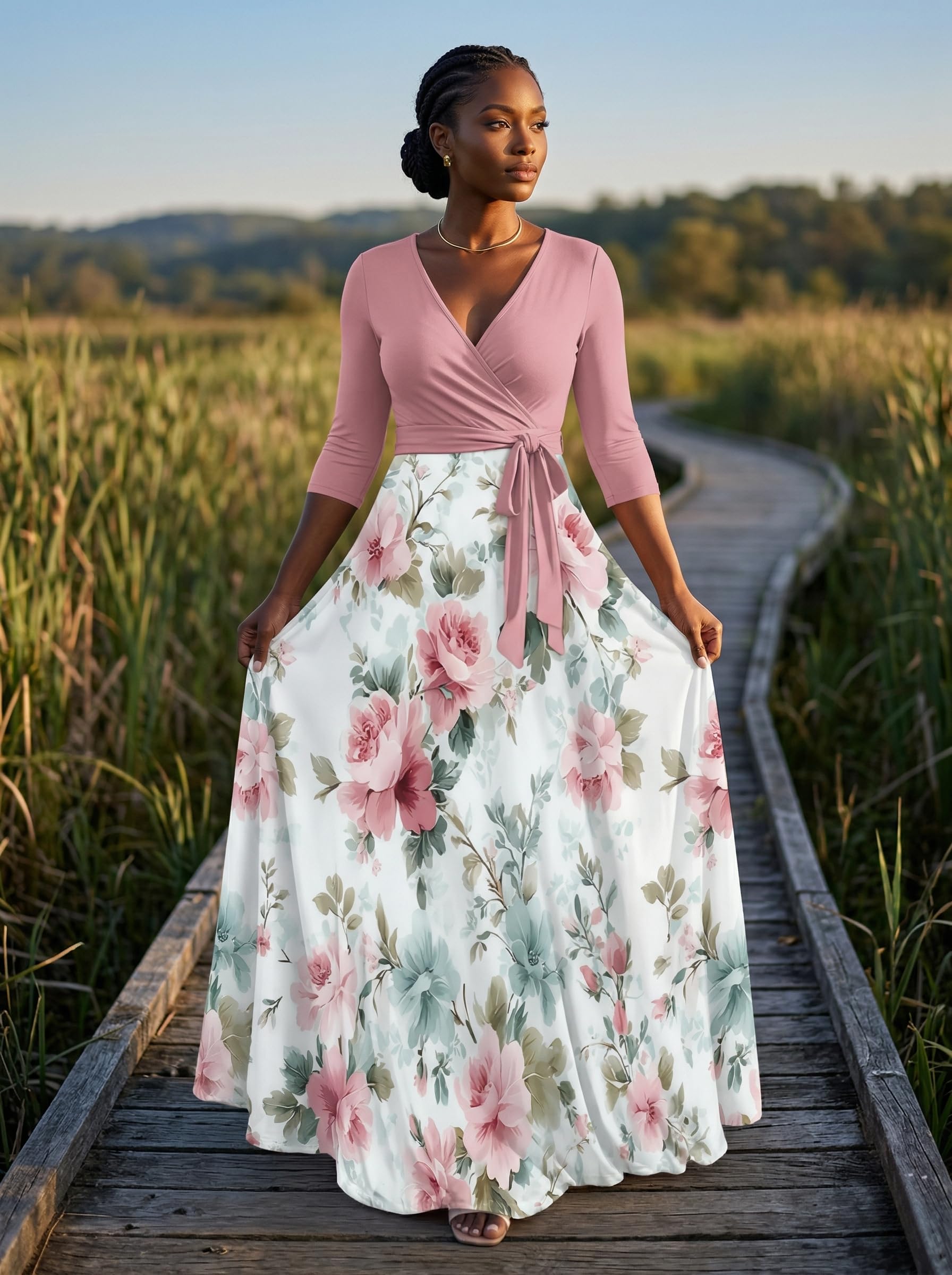 Maxi Dress for Women Elegant 3/4 Sleeve V Neck Ruffle Dress Wrap Tie Waist Sundress with Belt (A-Light Pink/Peony Floral L)