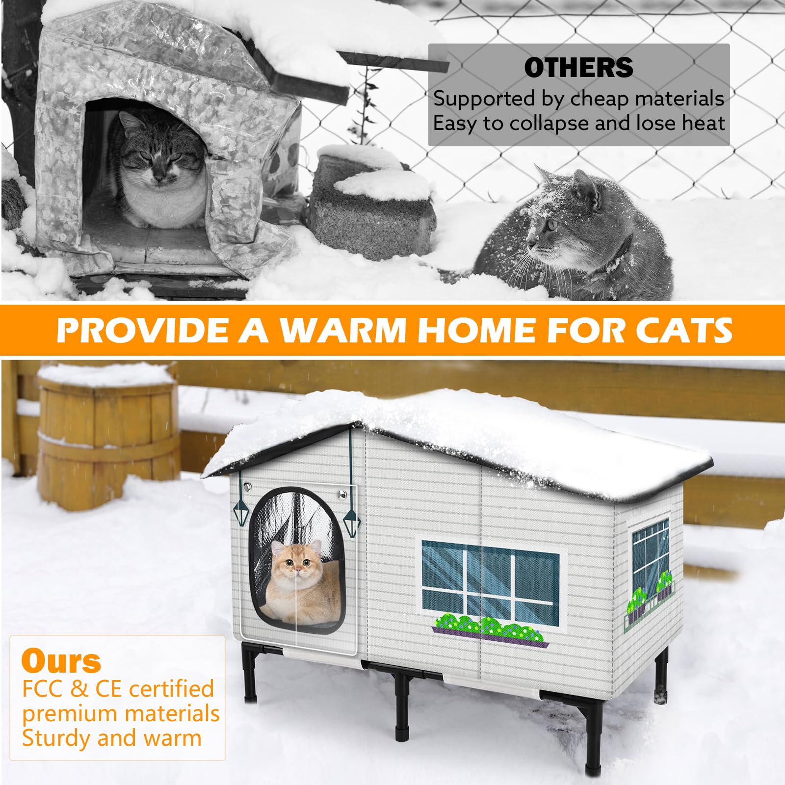 GASUR Weatherproof Heated Cat House for Outside Cats, Outdoor Cat House with Cats Heated Pad for Winter, Insulated Heating Cat Houses, Elevated Safe Feral Cat Houses Heat Cat Shelter (20"x17"x16")