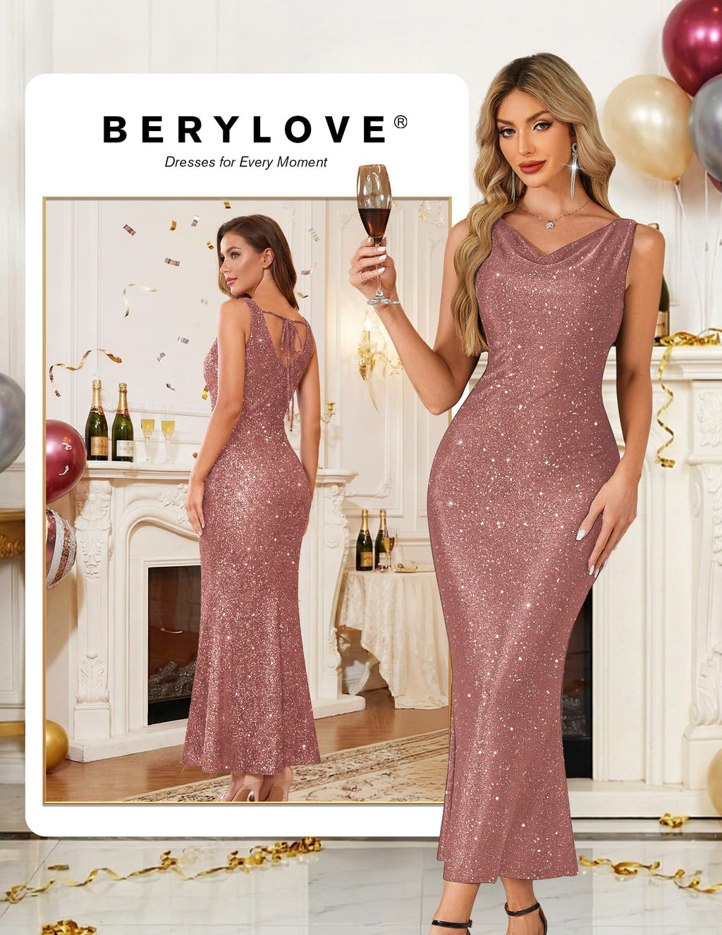 BeryLove Cocktail Formal Wedding Guest Sequin Gown Prom Midi Evening Party Bodycon Sparkle Dresses Ruched Christmas Sleeveless Long Dress 0035 Blush 2XL