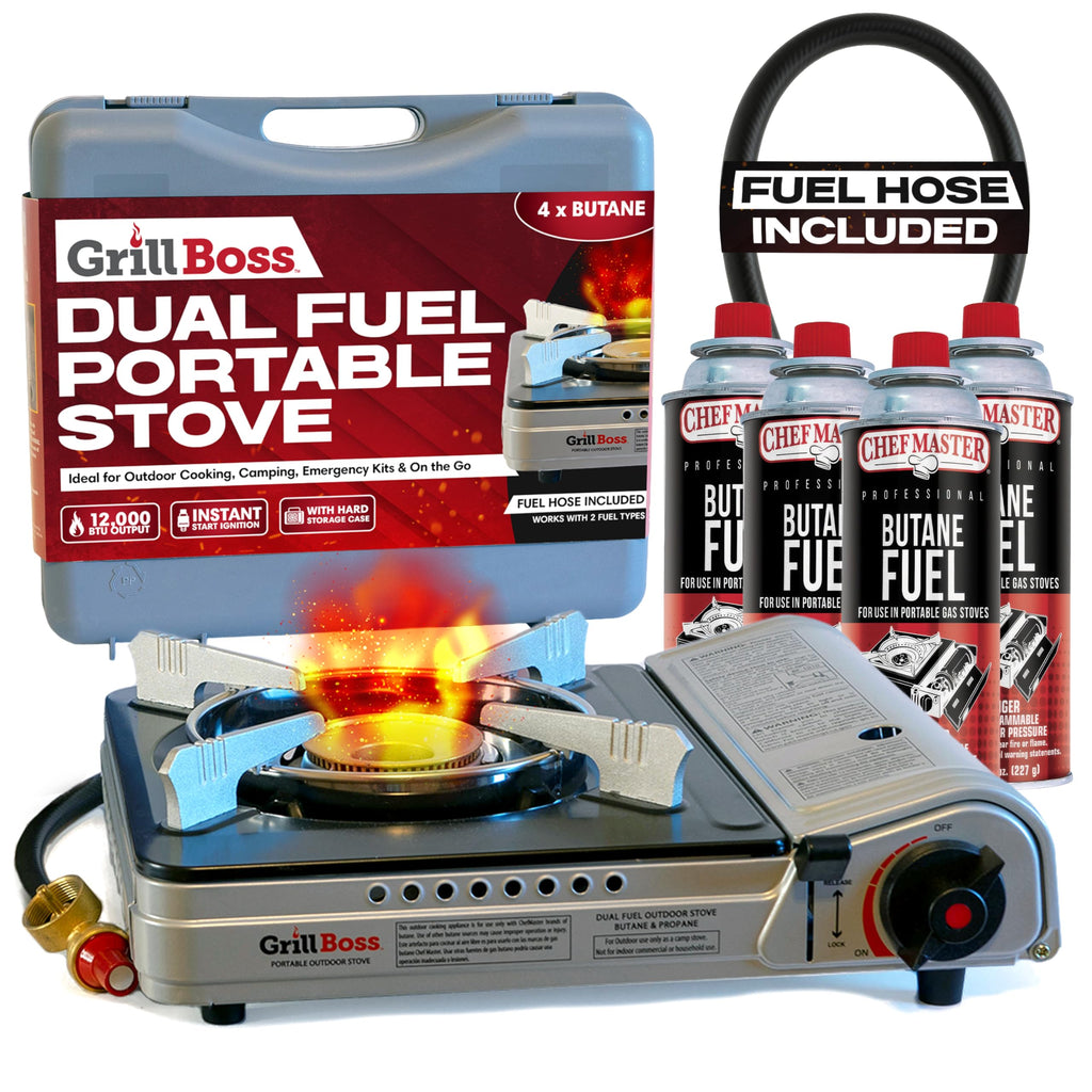 Grill Boss Dual Fuel Camp Stove w/ 4x 8oz Butane Canisters - 12,000 BTU Butane & Propane Portable Stove for Camping, Emergencies, BBQ, Hiking & Backpacking - Double Wind Guard, Piezo Ignition - 90057