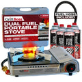 Grill Boss Dual Fuel Camp Stove w/ 4x 8oz Butane Canisters - 12,000 BTU Butane & Propane Portable Stove for Camping, Emergencies, BBQ, Hiking & Backpacking - Double Wind Guard, Piezo Ignition - 90057