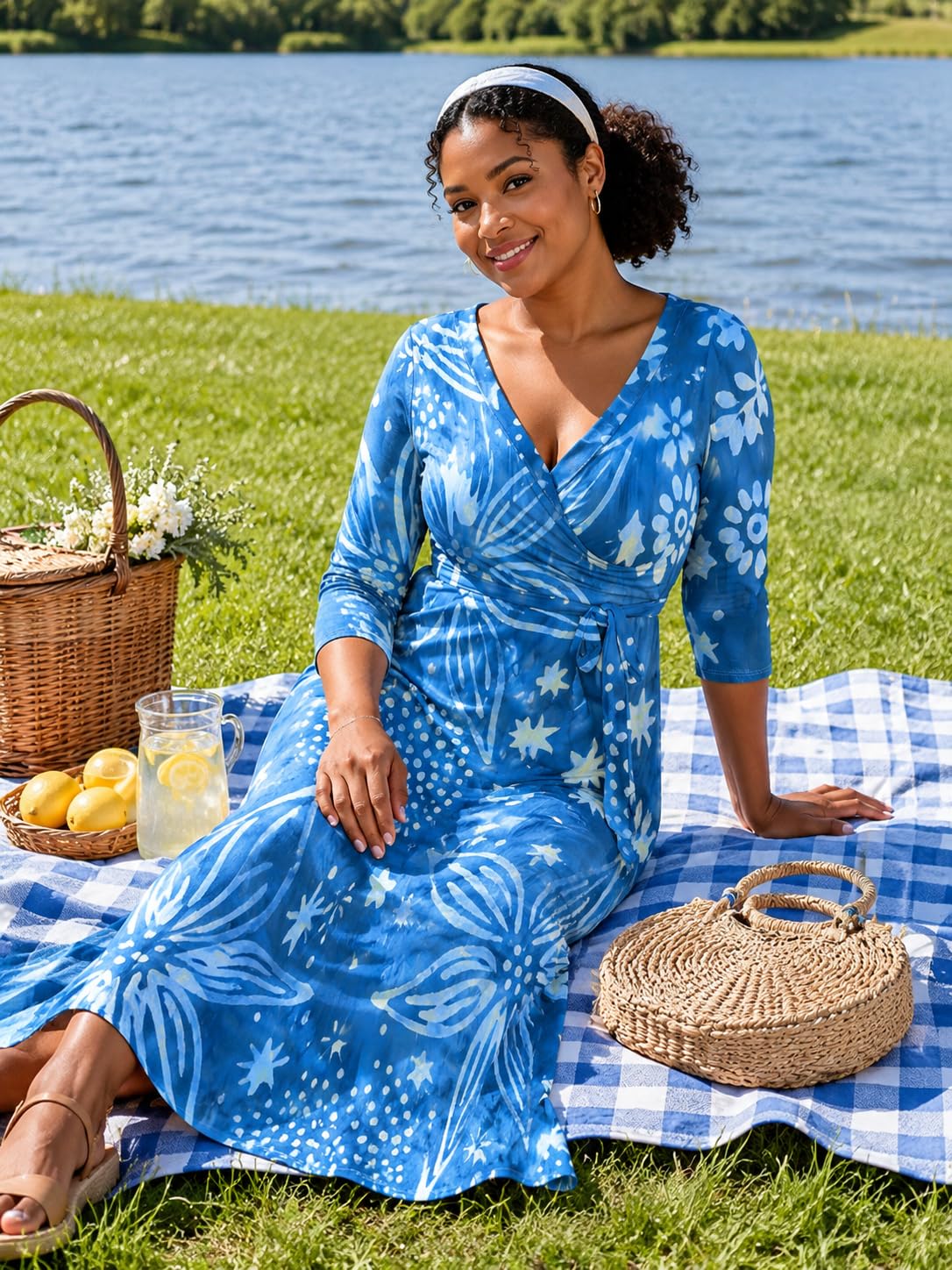 PinkPatty Women's Floral Print Maxi Dress 3/4 Sleeve V-Neck Casual Loose Wrap Tie Waist Long Dress XX-Large
