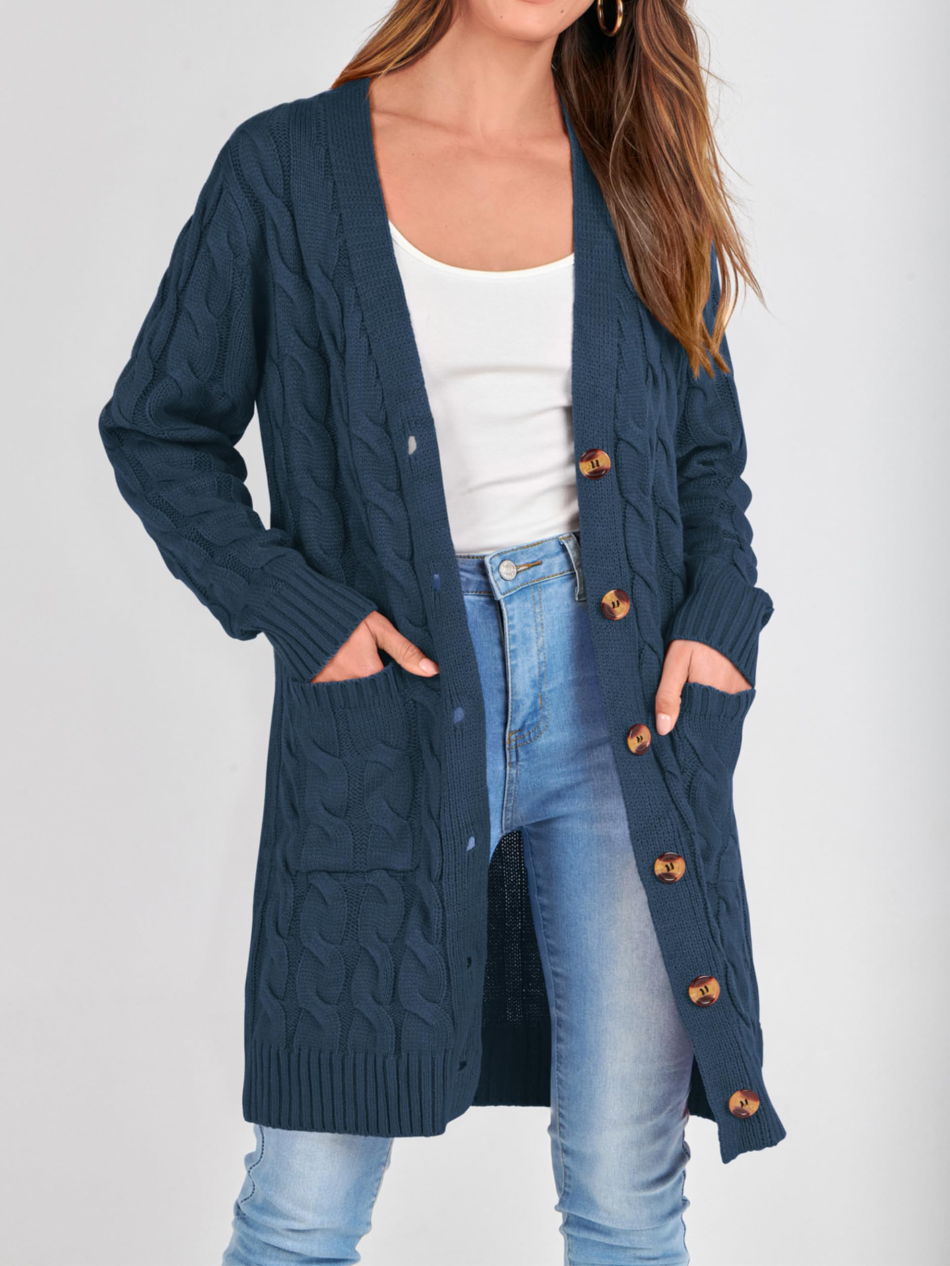 PRETTYGARDEN Long Sleeve Cable Knit Long Cardigan for Women 2026 Spring Winter Chunky Open Front Button Sweaters with Pockets (Blue, Small)