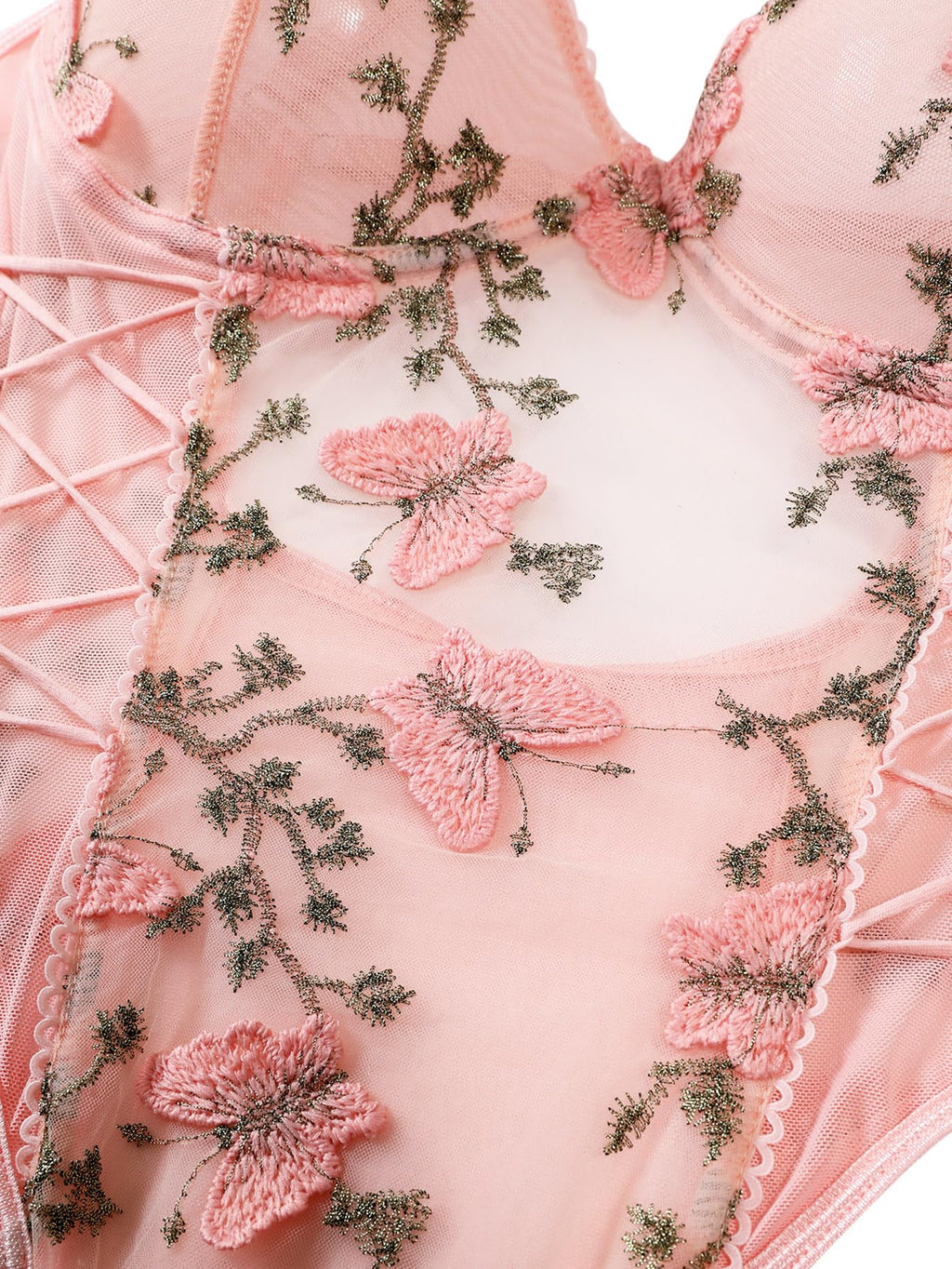 Lilosy Women Sexy Lace Up Butterfly Embroidered Teddy Babydoll Lingerie Bodysuit Top Mesh Sheer One Piece See Through Light Pink Medium