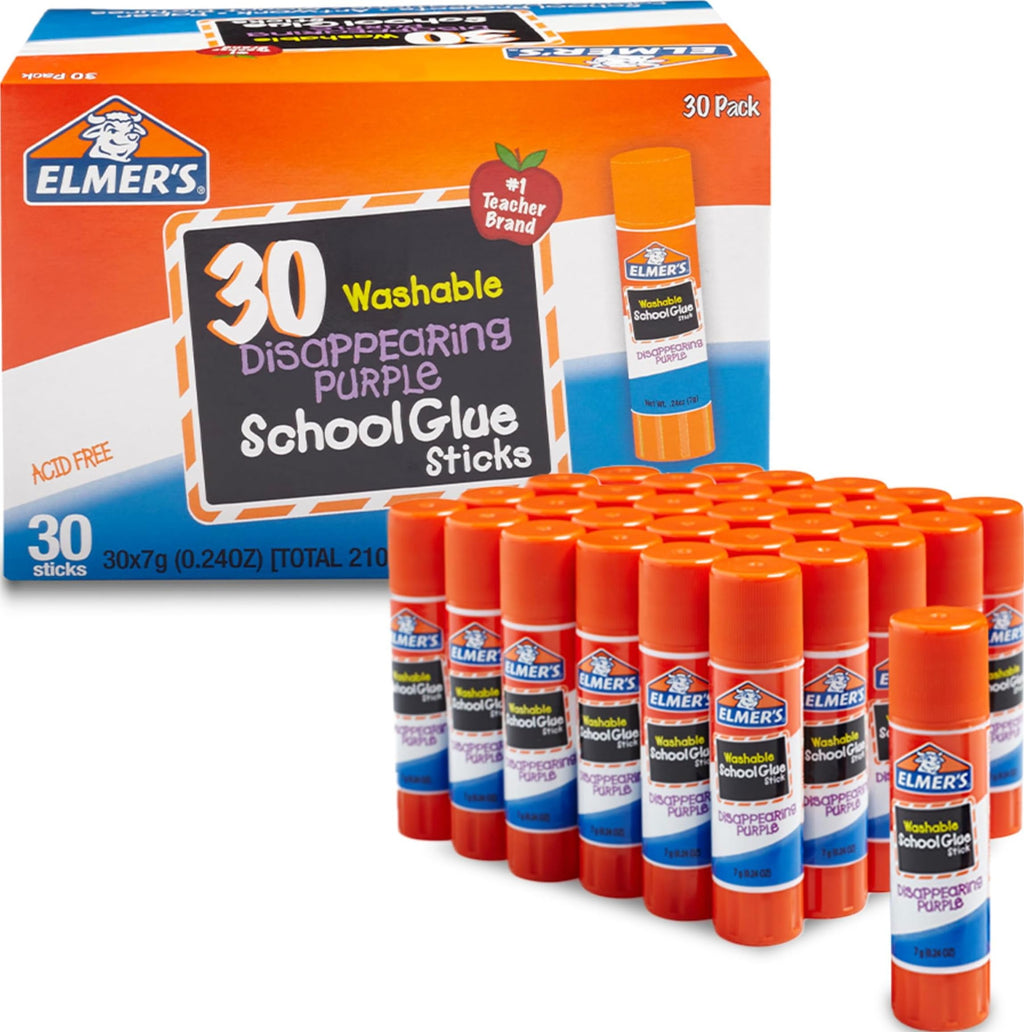 Elmer's Disappearing Purple School Glue Sticks, Washable, 7 Grams, 30 Count - Posters, Back to School, Bulk Pack for Classrooms, #1 Teacher Brand