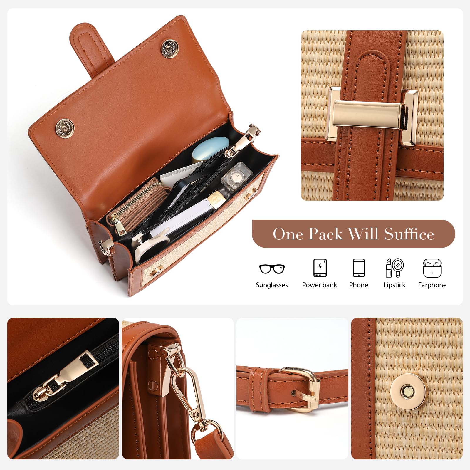 Straw Crossbody Bag for Women, Vegan Leather Patchwork Summer Purse with Top Handle, Small Woven Shoulder Handbag for Beach Vacation, Wedding, or Casual Daily Use