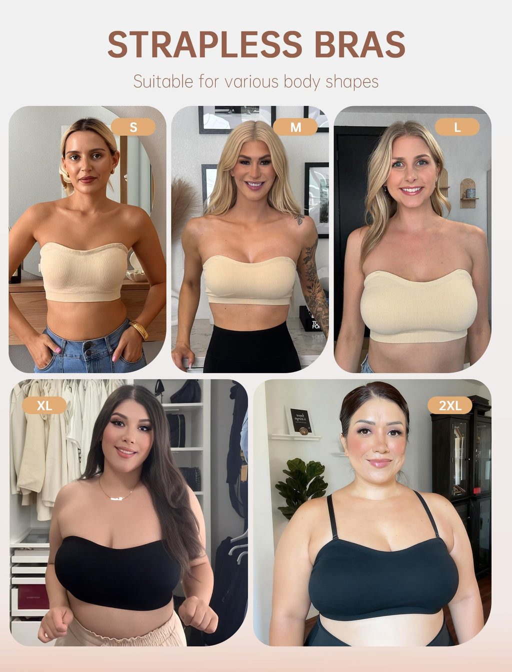 LetsJoli Push Up Strapless Bras for Women Supportive Bandeau Bra Non Slip Wireless No Underwire Padded Tube Bra(Nude,M)