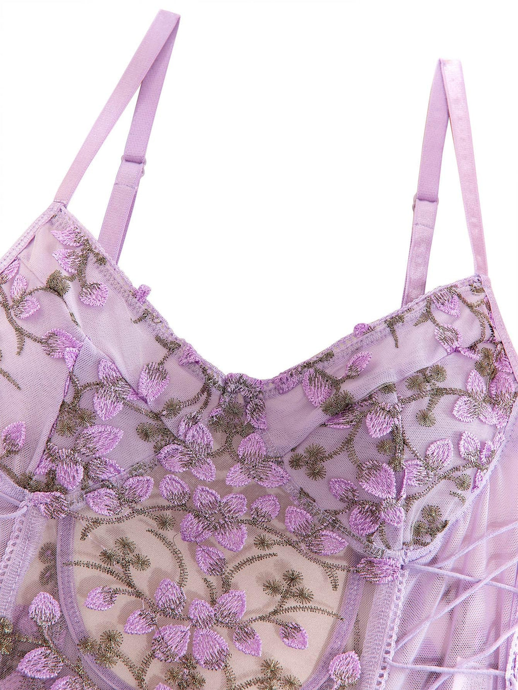 Lilosy Women Sexy Lace Up Floral Embroidered Teddy Babydoll Lingerie Bodysuit Top Mesh Sheer One Piece See Through Lavender Light Purple Medium